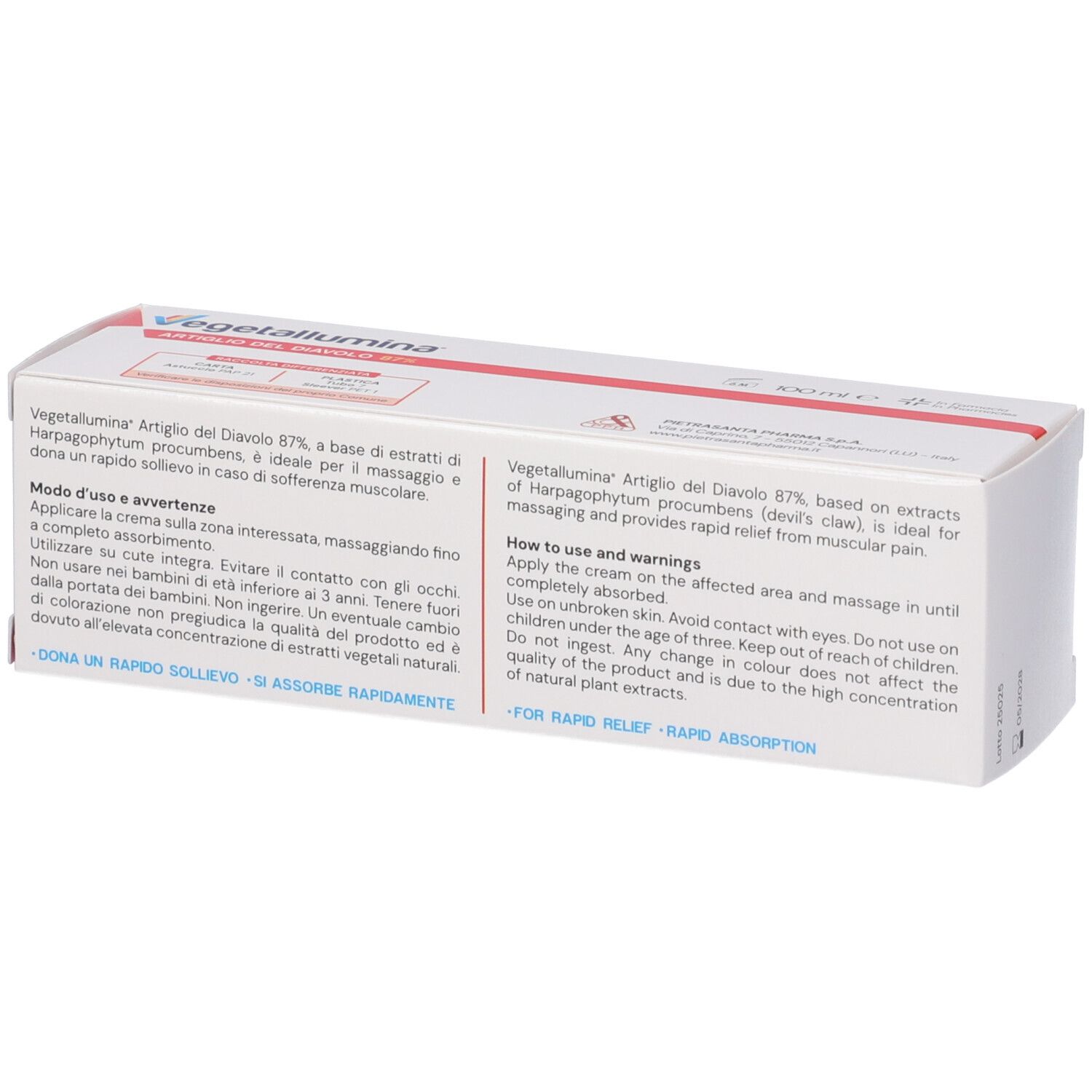 Retro della confezione bianca. Testo multilingue. Informazioni su uso e ingredienti.