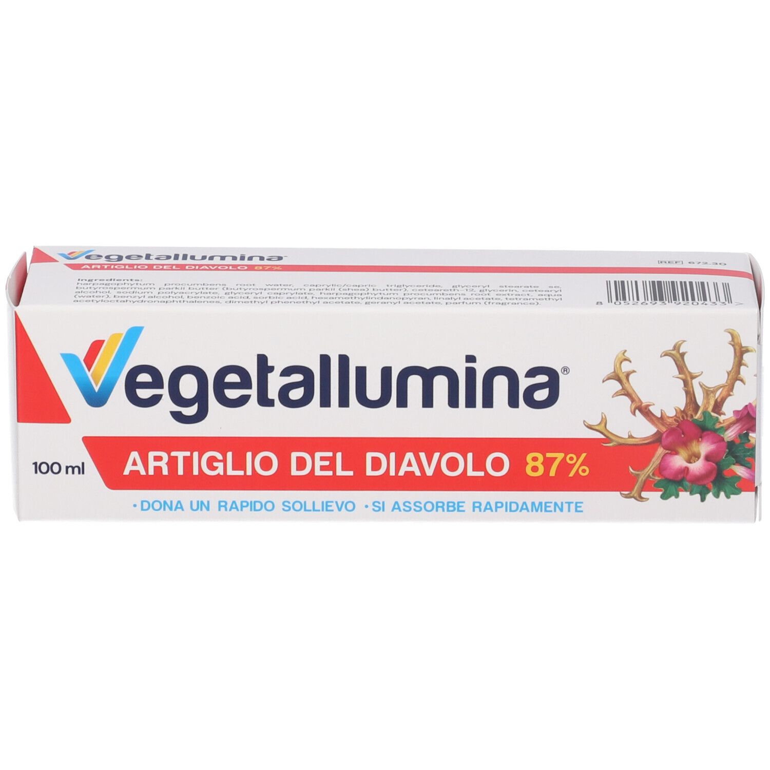 Confezione rettangolare bianca. Scritta: Vegetallumina, Artiglio del Diavolo 87%. Accenti rossi e gialli. Illustrazione pianta.