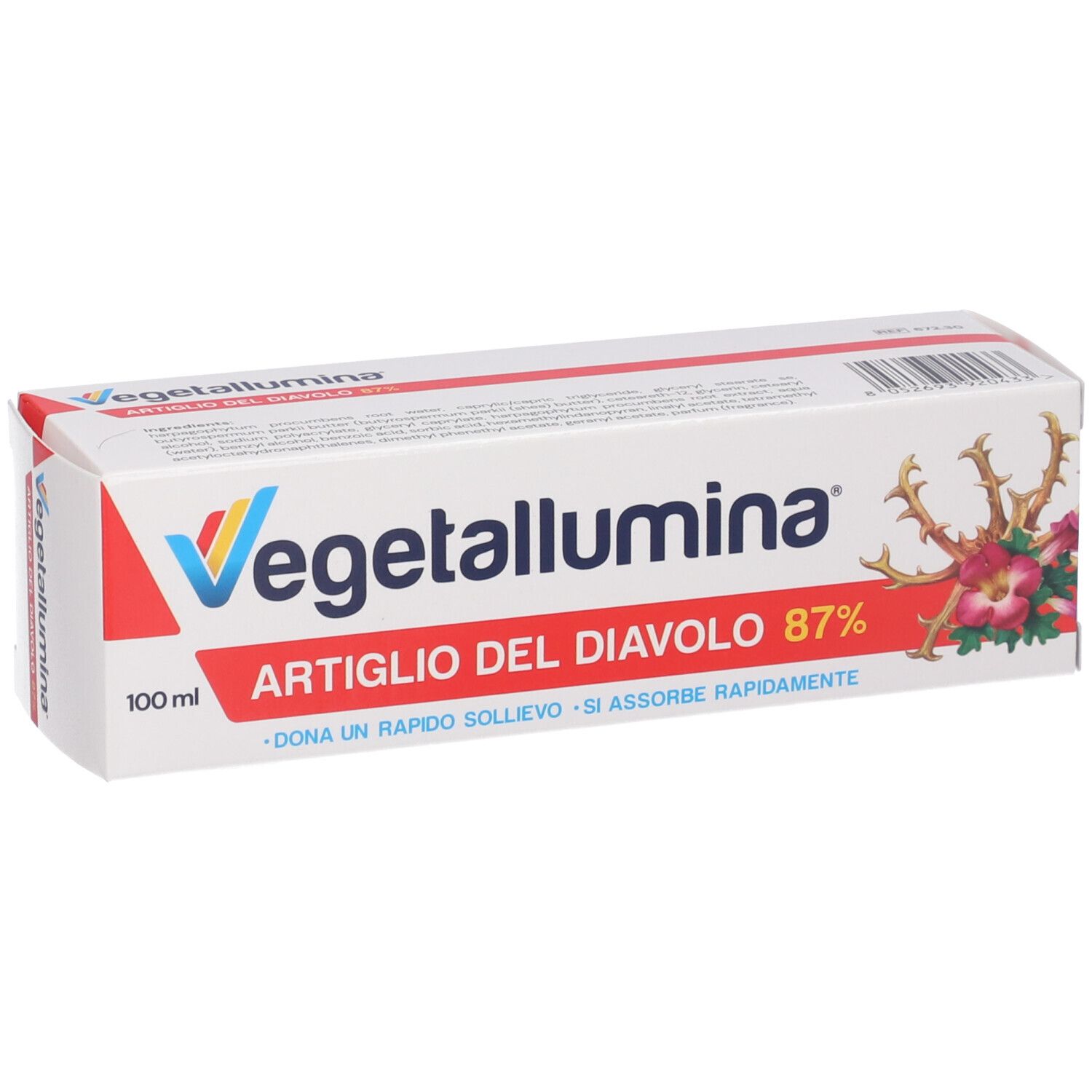 Confezione rettangolare bianca. Scritta: Vegetallumina, Artiglio del Diavolo 87%. Accenti rossi e gialli. Illustrazione pianta.