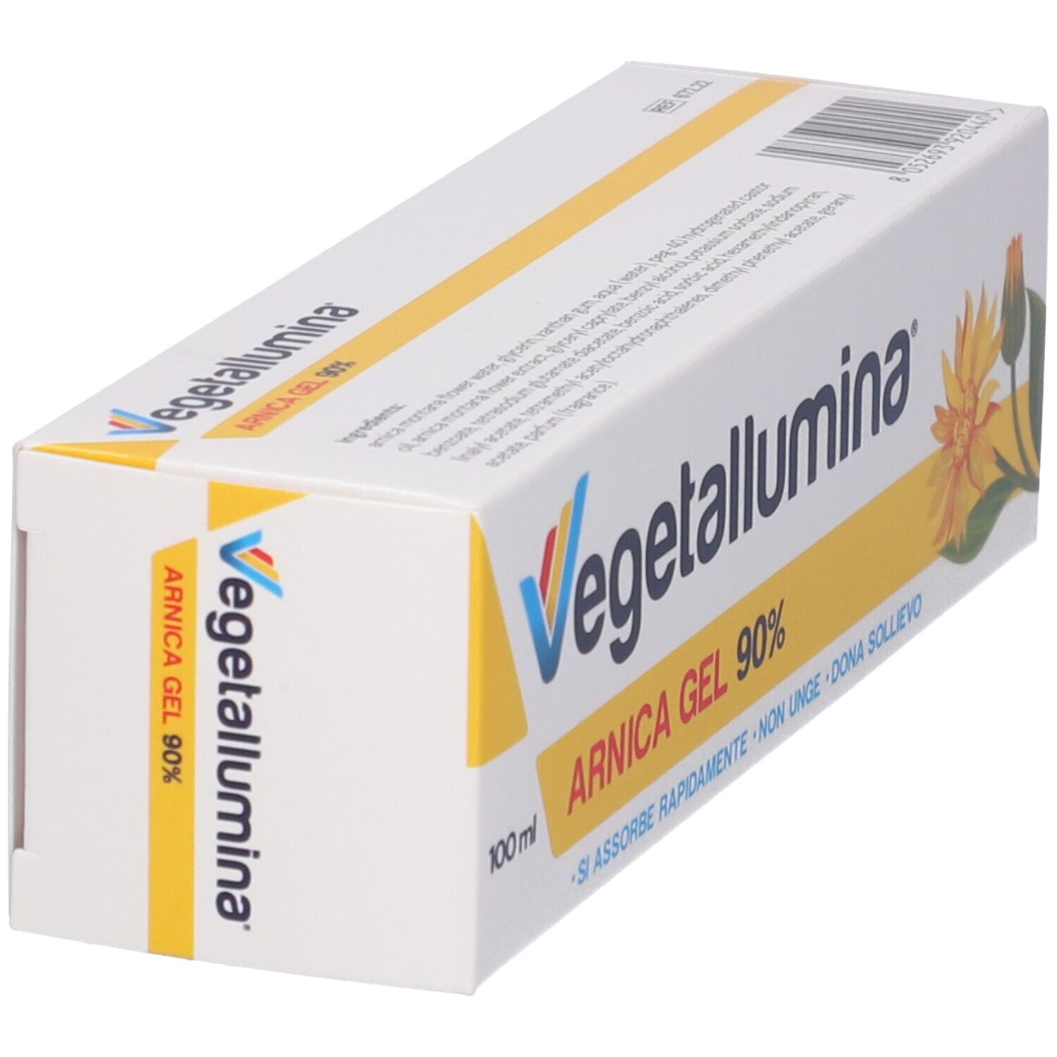 Confezione bianca inclinata con logo Vegetallumina, Arnica Gel 90%.