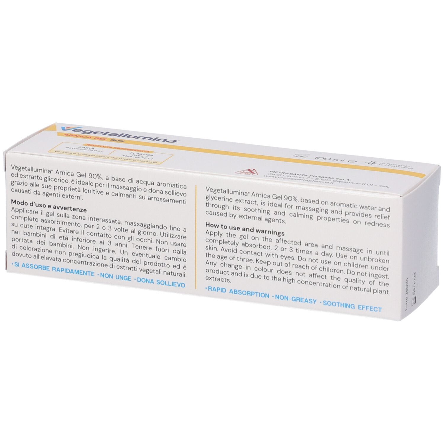 Retro della confezione bianca con testo. Vegetallumina Arnica Gel 90%.