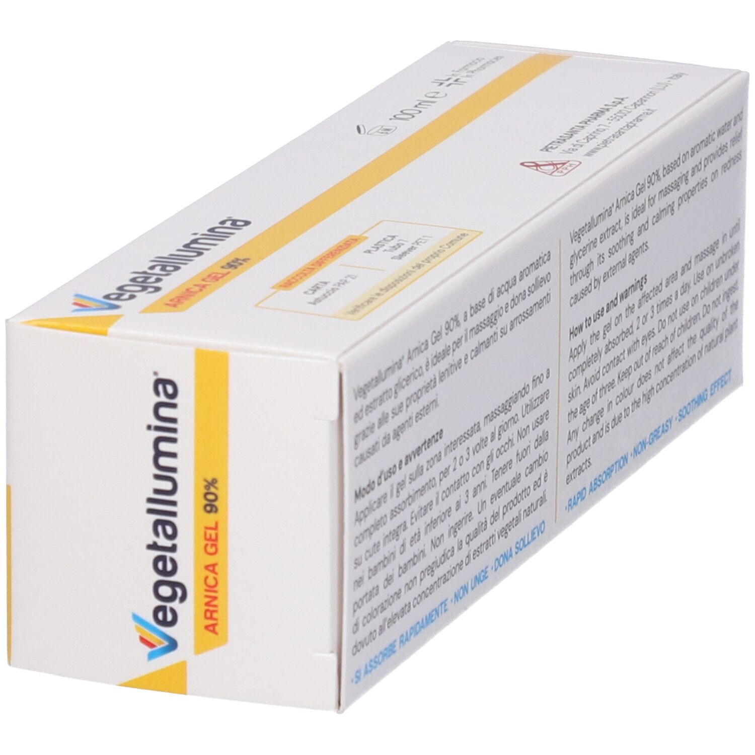 Confezione bianca inclinata con testo. Vegetallumina Arnica Gel 90%.