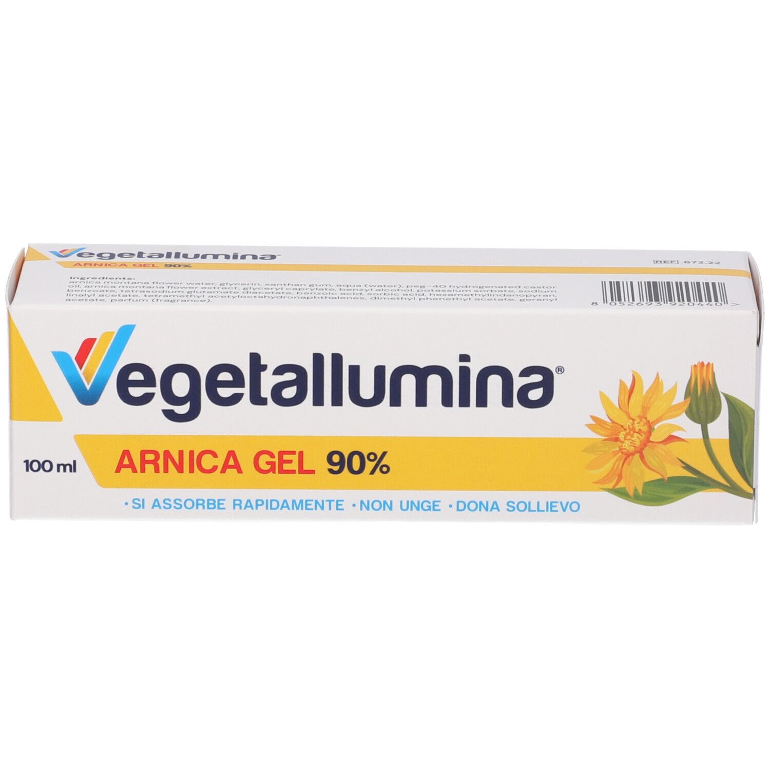 Confezione bianca con logo Vegetallumina, Arnica Gel 90% e fiore. 100 ml.