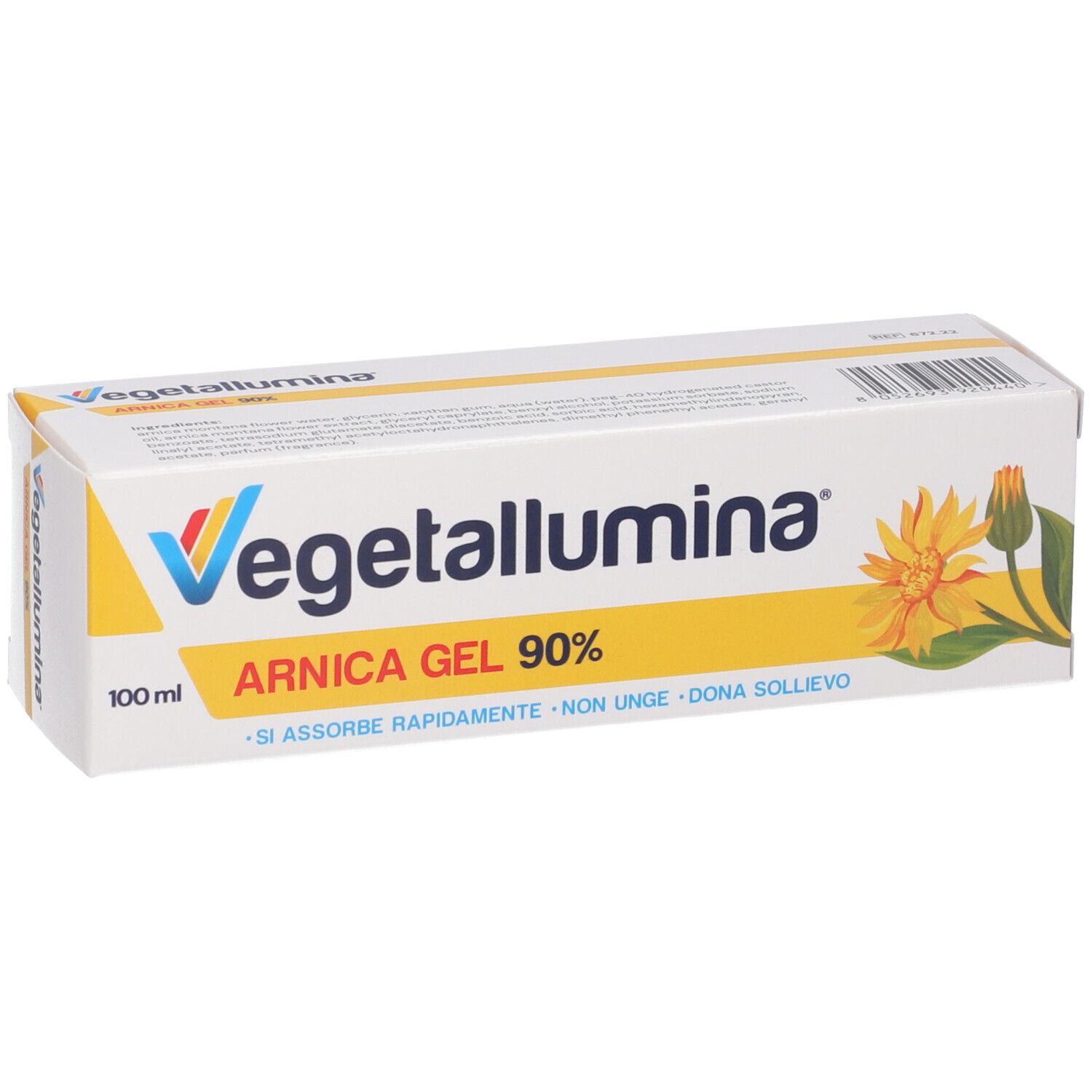 Confezione bianca con logo Vegetallumina, Arnica Gel 90% e fiore. 100 ml.