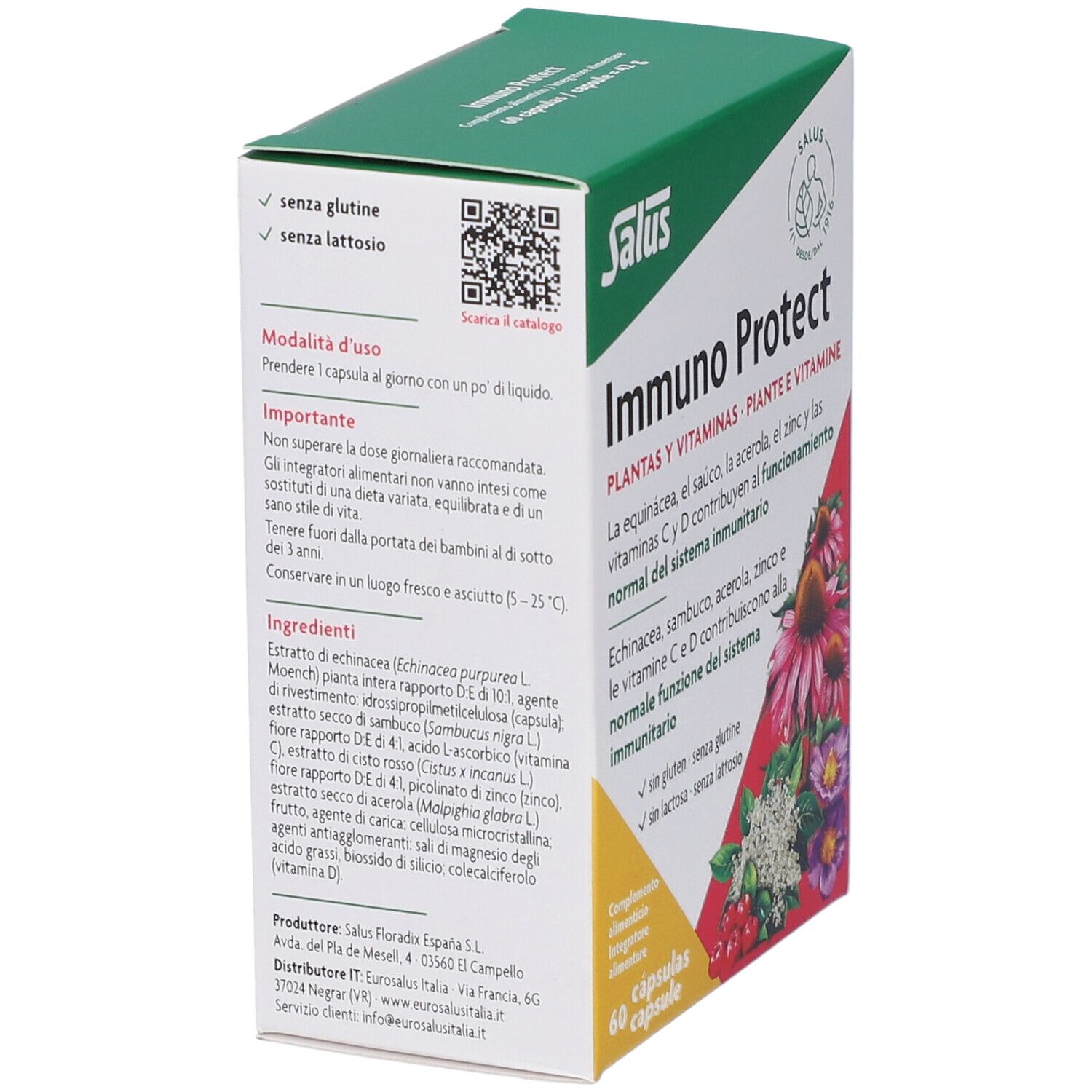 Scatola bianca e verde Salus Immuno Protect. Testo e codice QR sul lato. Ingredienti sul retro.