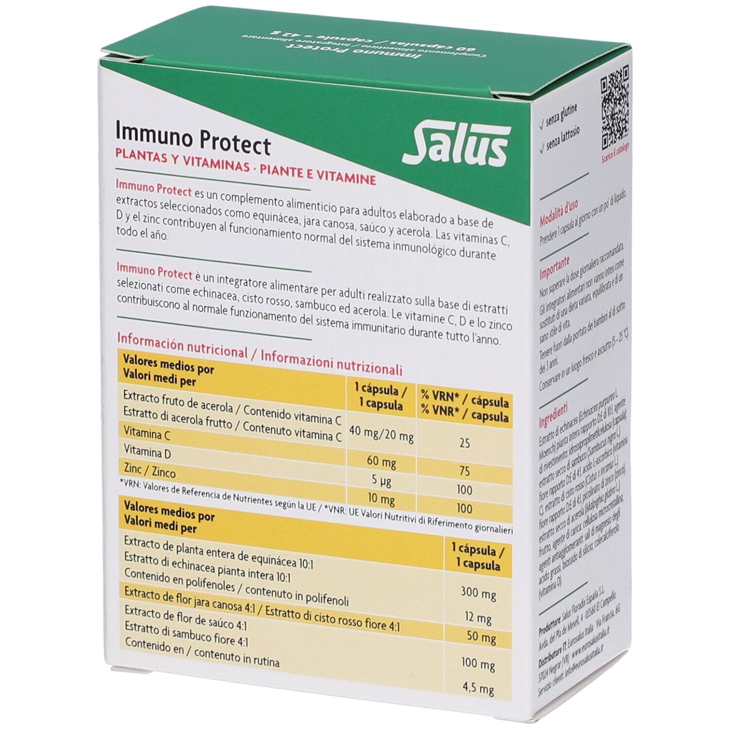 Scatola bianca e verde Salus Immuno Protect. Informazioni nutrizionali sul retro. 60 capsule.
