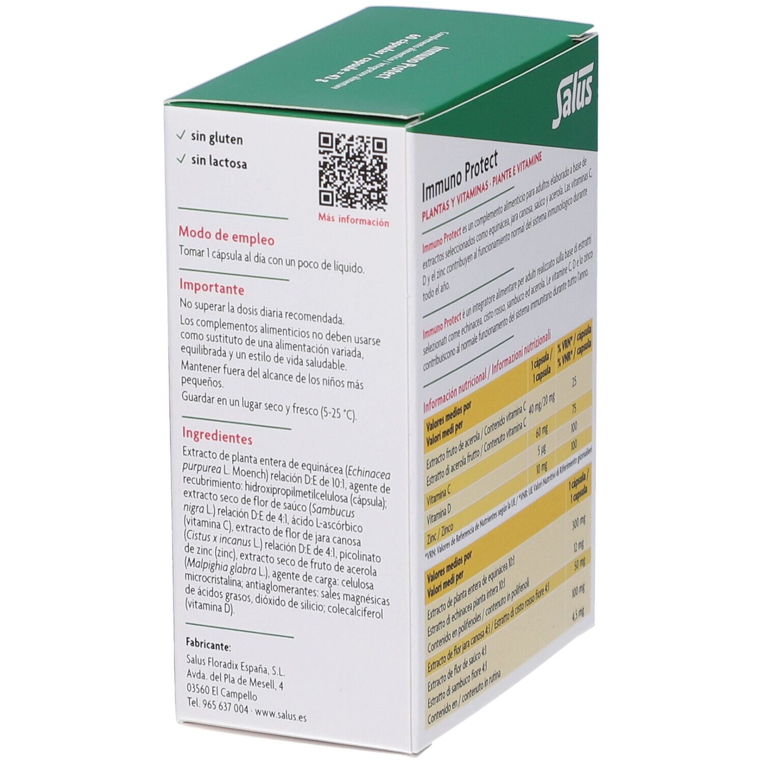 Scatola bianca e verde Salus Immuno Protect. Testo e codice QR sul lato. Ingredienti sul retro.