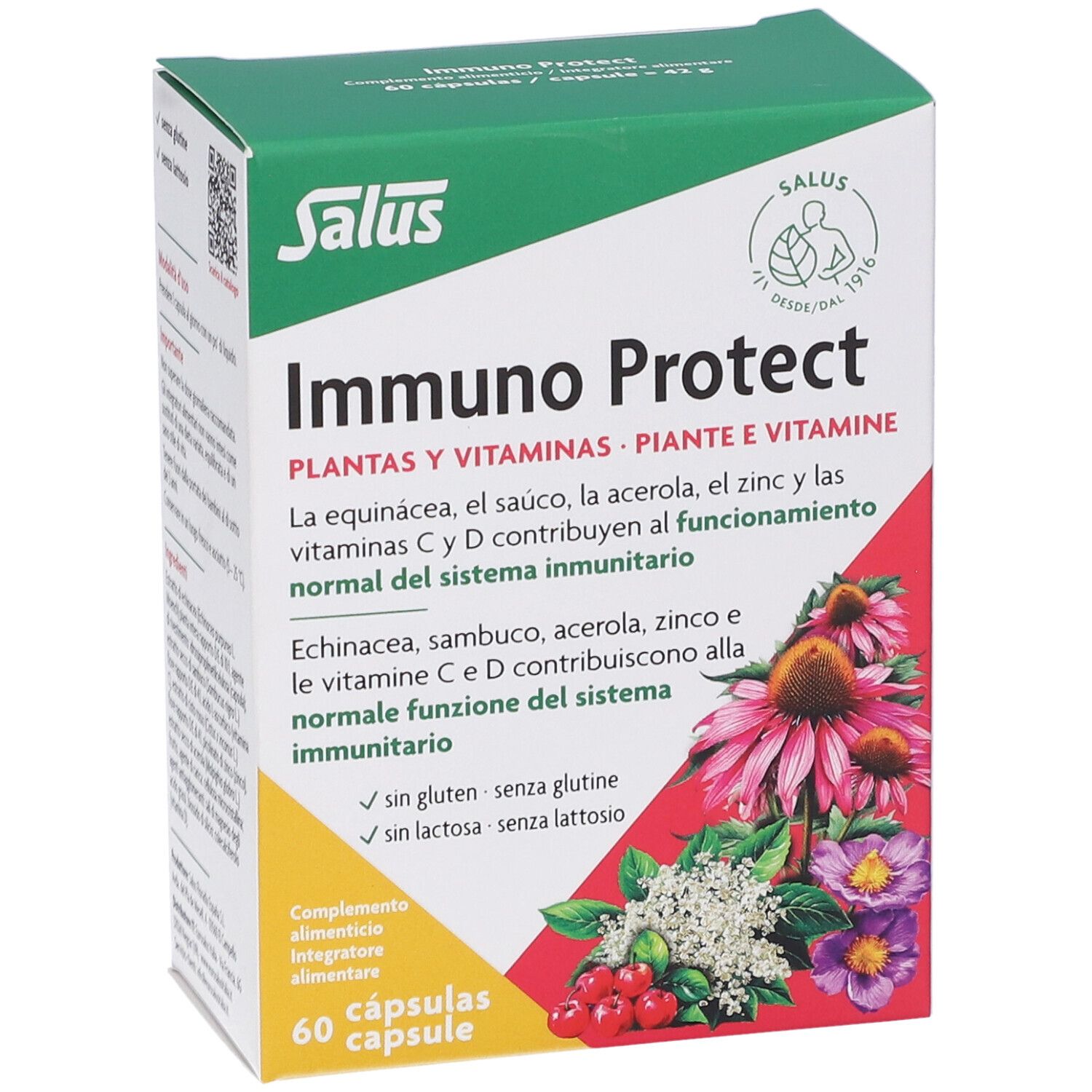 Scatola verde e bianca Salus Immuno Protect. Scritto: 60 capsule. Illustrazioni di fiori e frutta.