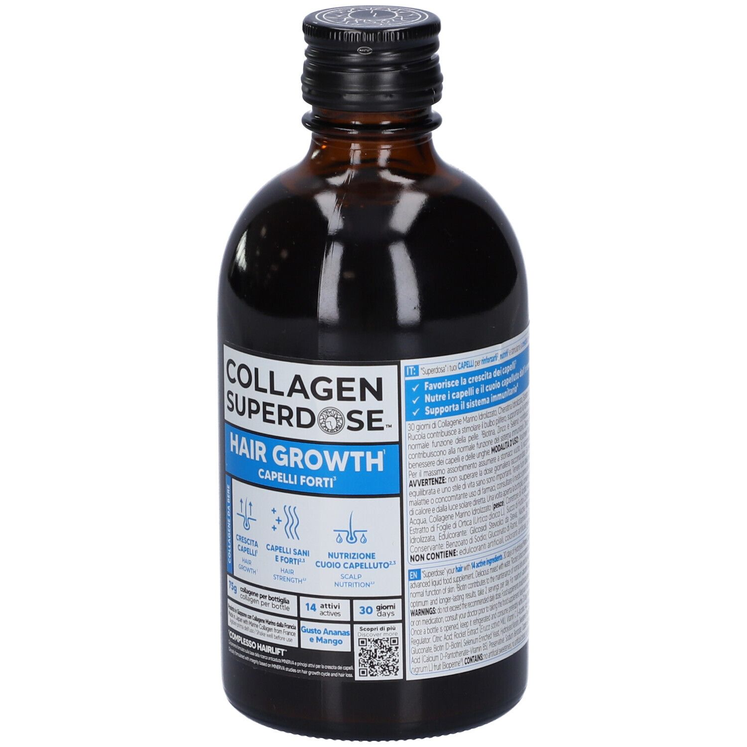 Bottiglia di vetro marrone con tappo nero. Scritta: COLLAGEN SUPERDOSE HAIR GROWTH. Etichetta blu con testo e simboli.