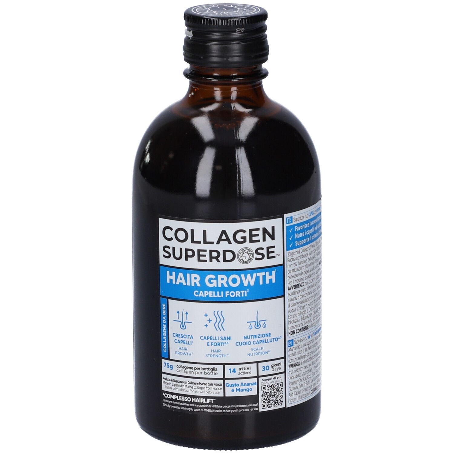 Bottiglia di vetro marrone con tappo nero. Scritta: COLLAGEN SUPERDOSE HAIR GROWTH. Etichetta blu con testo e simboli.