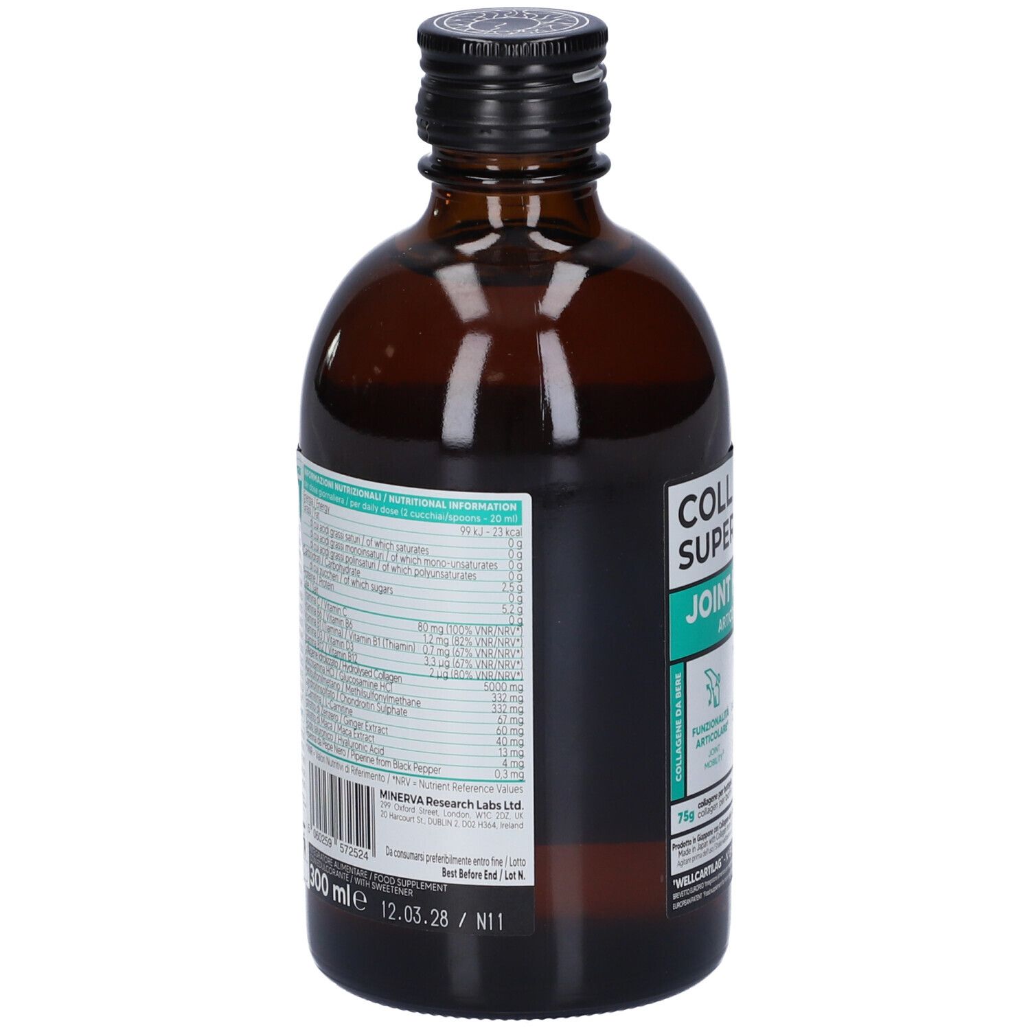Flacone in vetro marrone con tappo a vite nero, contenente collagene liquido. Etichetta con informazioni nutrizionali e dettagli del prodotto.