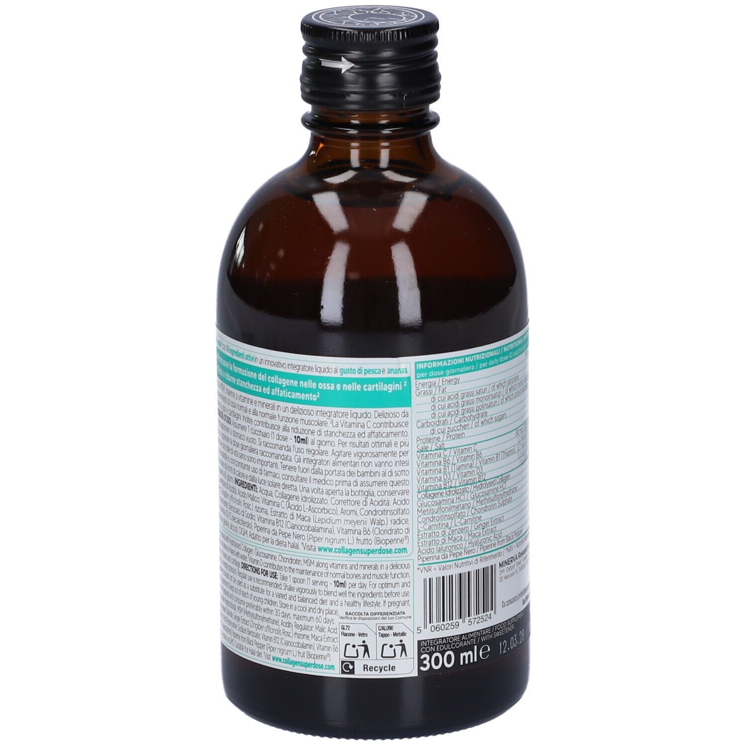 Bottiglia di vetro marrone con tappo nero. Retro con etichette bianche e turchesi. Testo in italiano.