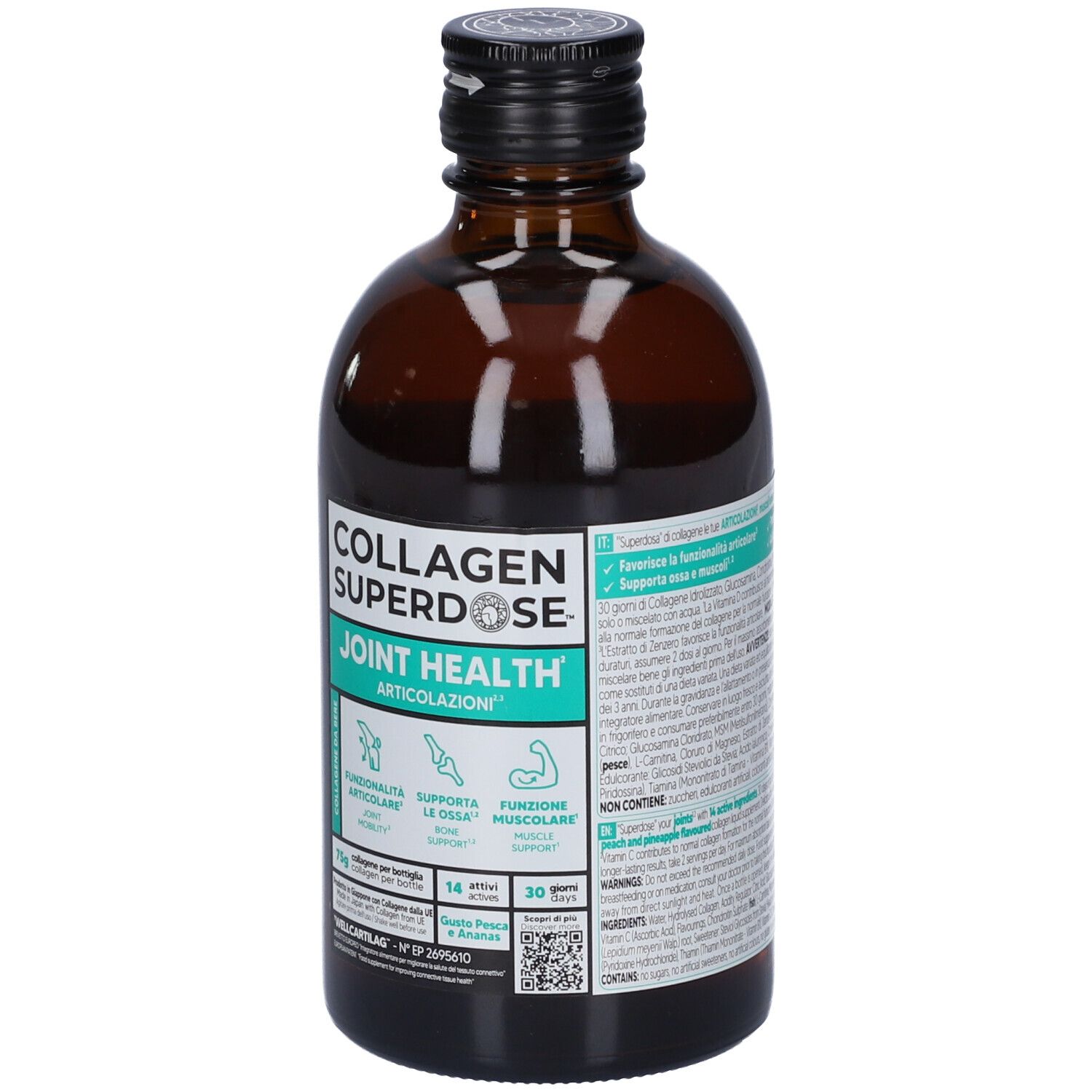 Bottiglia di vetro marrone con tappo nero. Scritta: Collagen Superdose Joint Health. Etichetta turchese con informazioni.