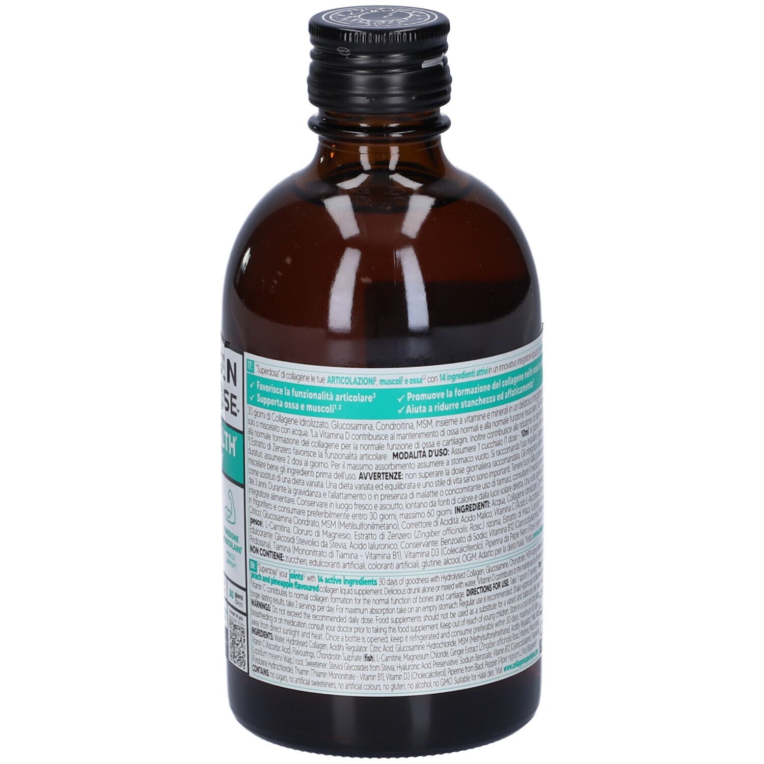 Bottiglia di vetro marrone con tappo nero. Retro con etichette bianche e turchesi. Testo in italiano.