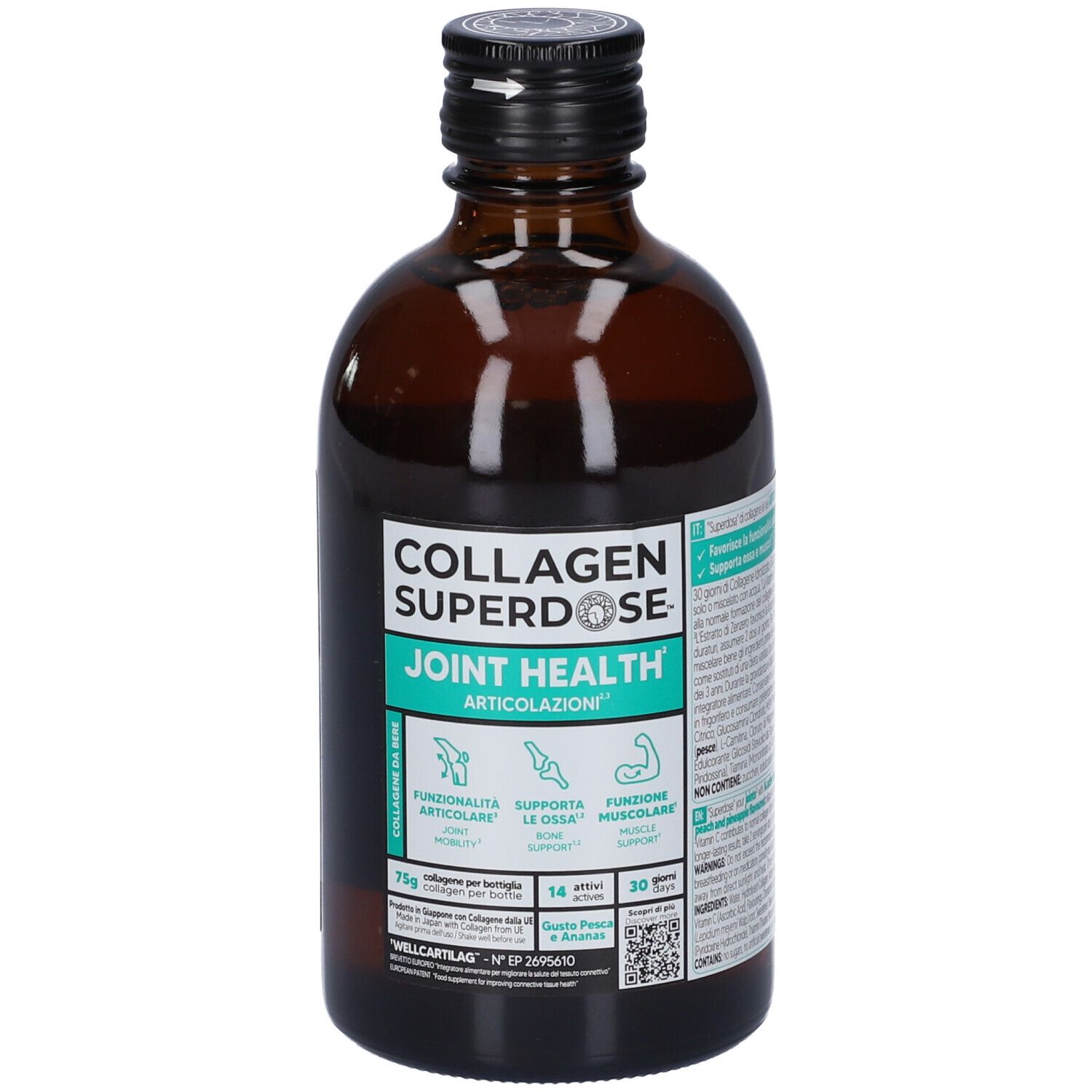 Bottiglia di vetro marrone con tappo nero. Scritta: Collagen Superdose Joint Health. Etichetta turchese con informazioni.