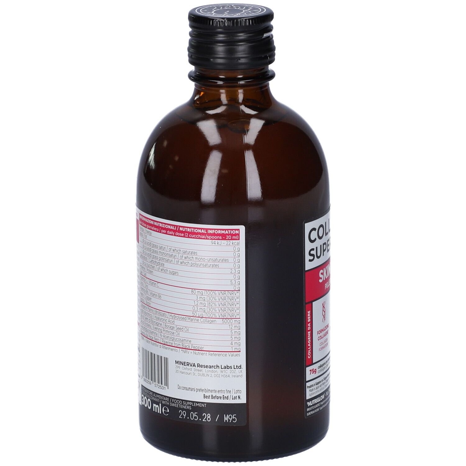 Flacone in vetro marrone con tappo a vite nero, contenente collagene liquido. Etichetta con informazioni nutrizionali e dettagli del prodotto.