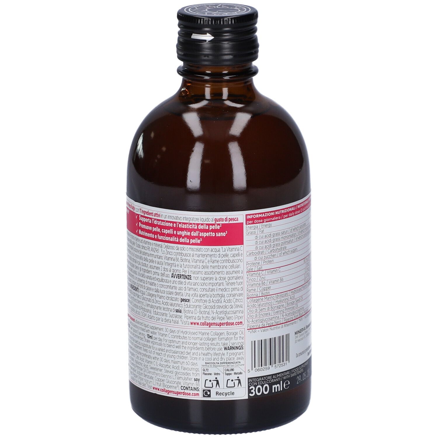 Bottiglia di vetro marrone con tappo nero. Retro con testo. Contiene 300 ml. Etichetta con ingredienti e avvertenze.
