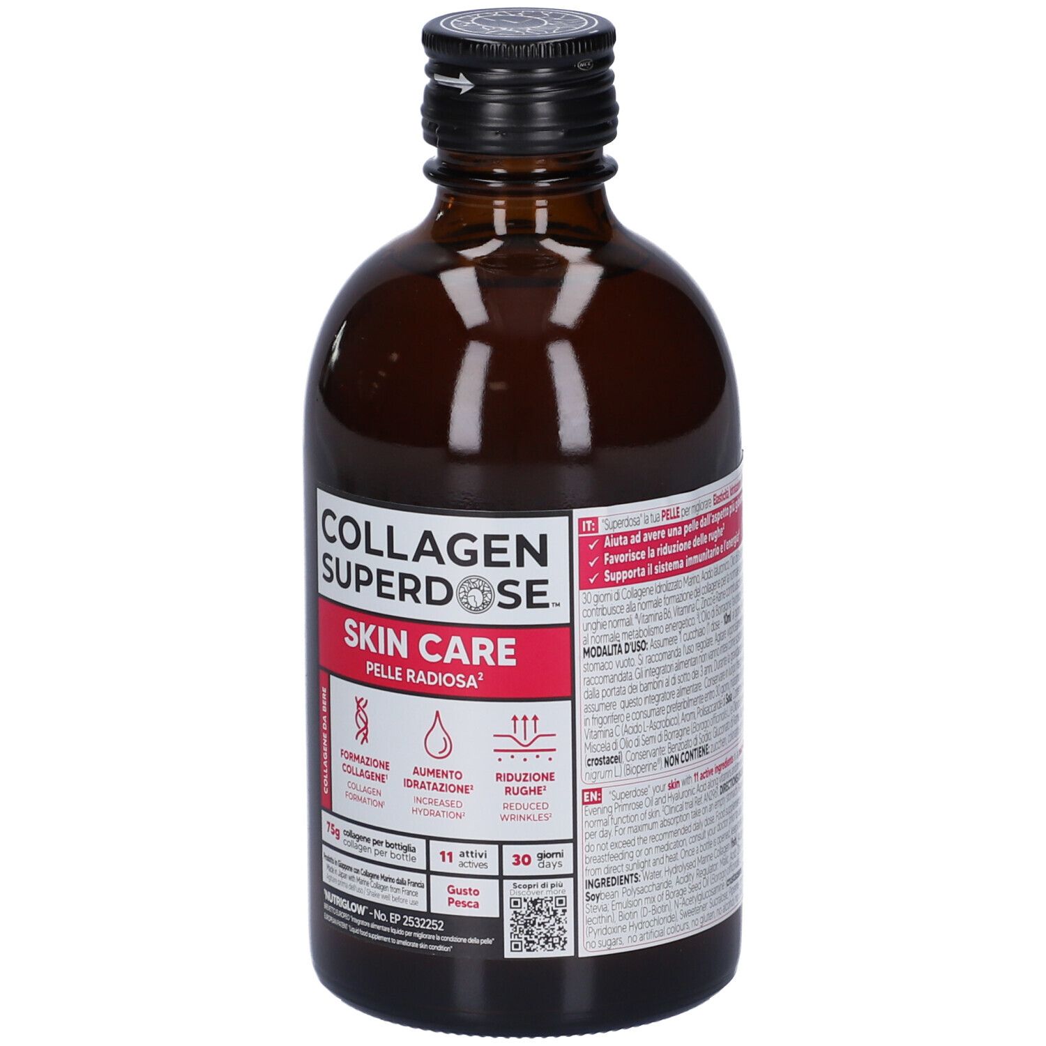 Bottiglia di vetro marrone con tappo nero. Etichetta Collagen Superdose Skin Care. Contiene 75g di collagene. Gusto pesca.
