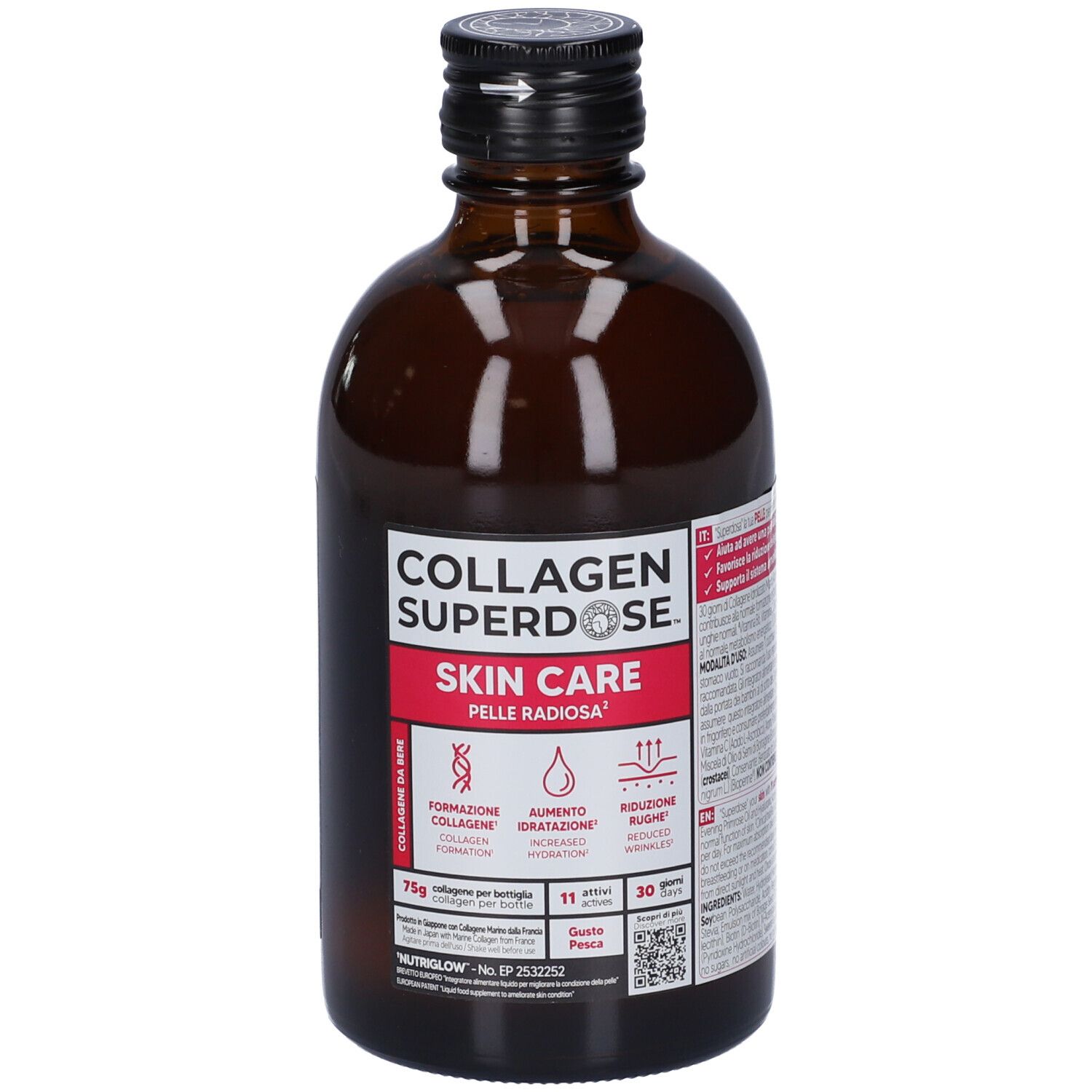 Bottiglia di vetro marrone con tappo nero. Etichetta Collagen Superdose Skin Care. Contiene 75g di collagene. Gusto pesca.