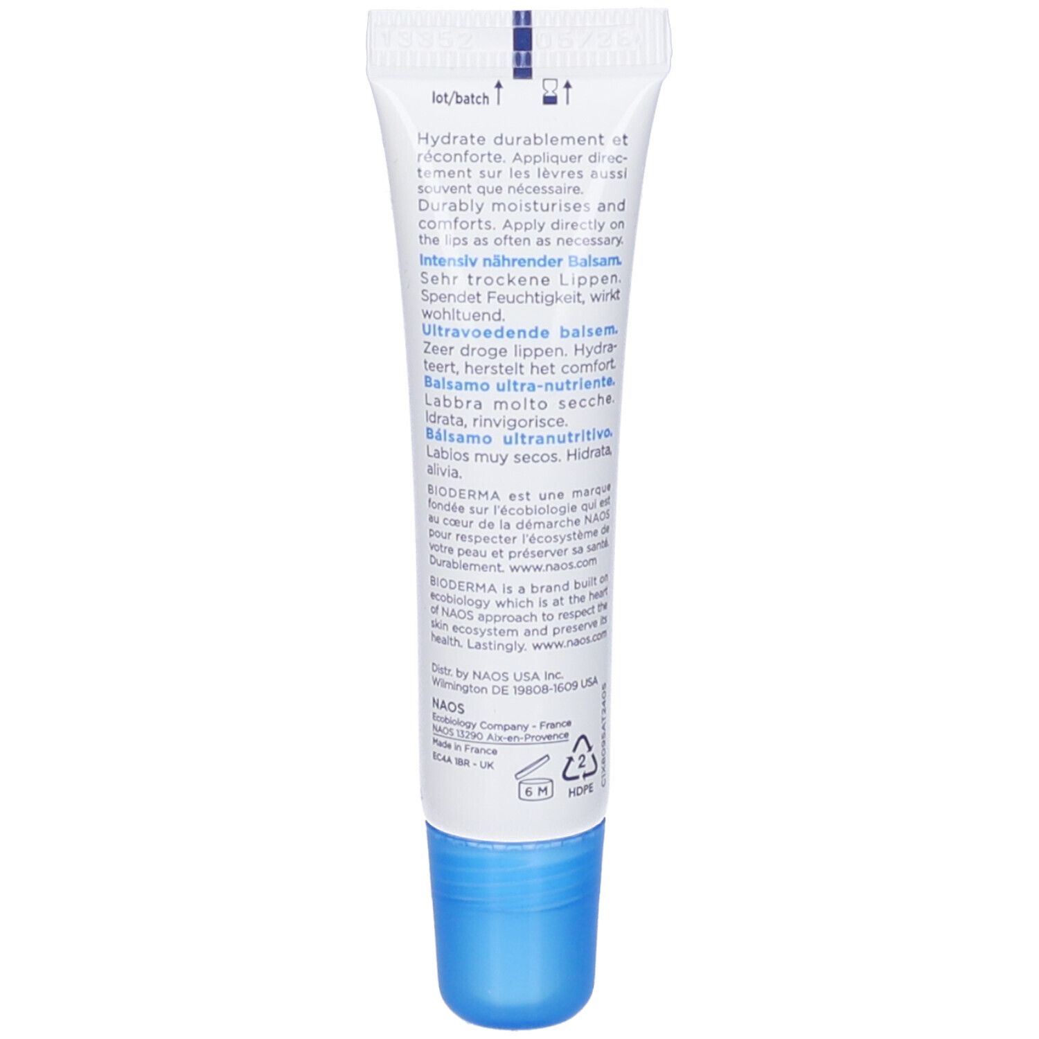 Retro del tubo. Testo multilingue: Idrata, nutre, lenisce. Logo Bioderma e informazioni.