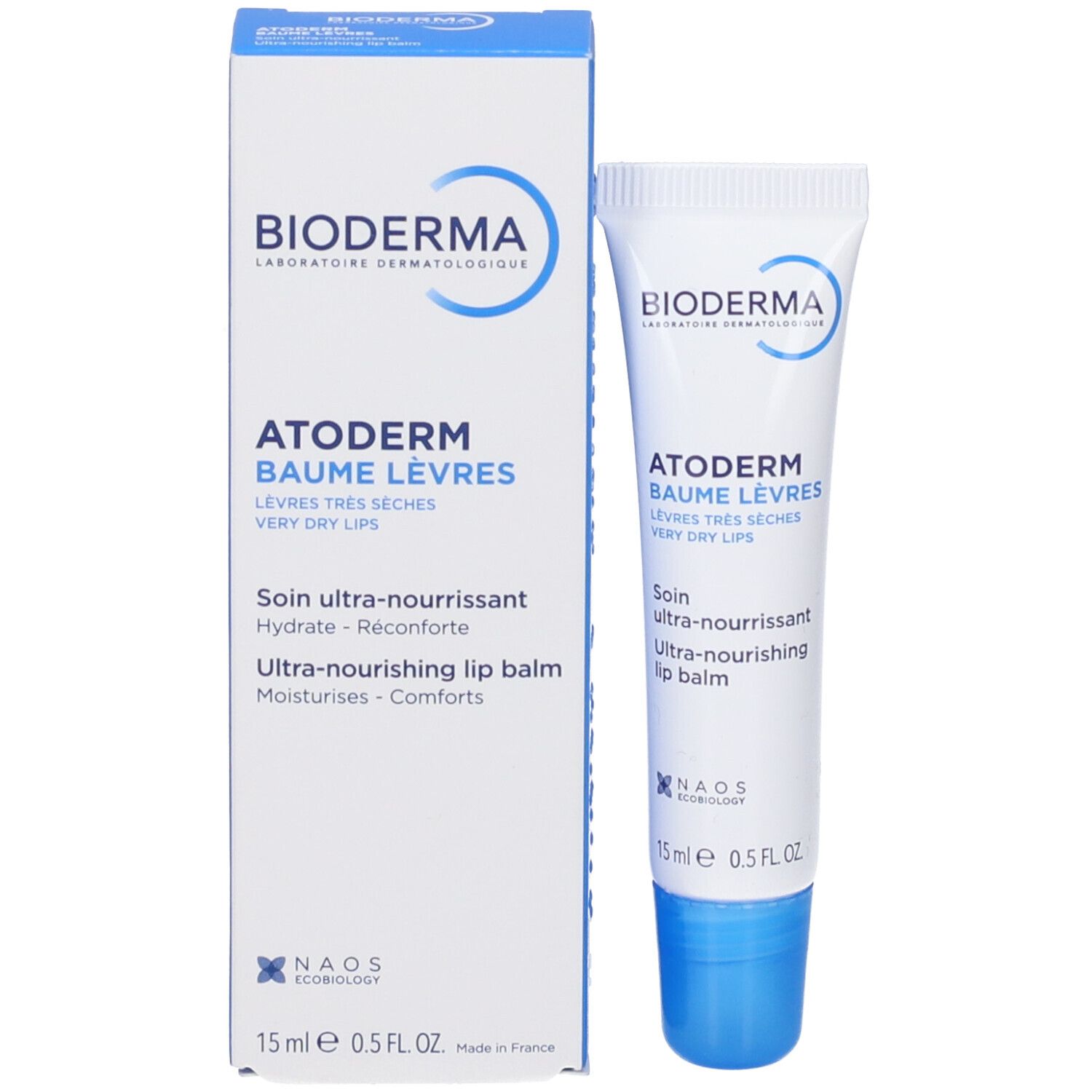 Confezione del prodotto: tubo e scatola. Scritta: Bioderma, Atoderm Baume Lèvres, balsamo labbra per labbra molto secche.