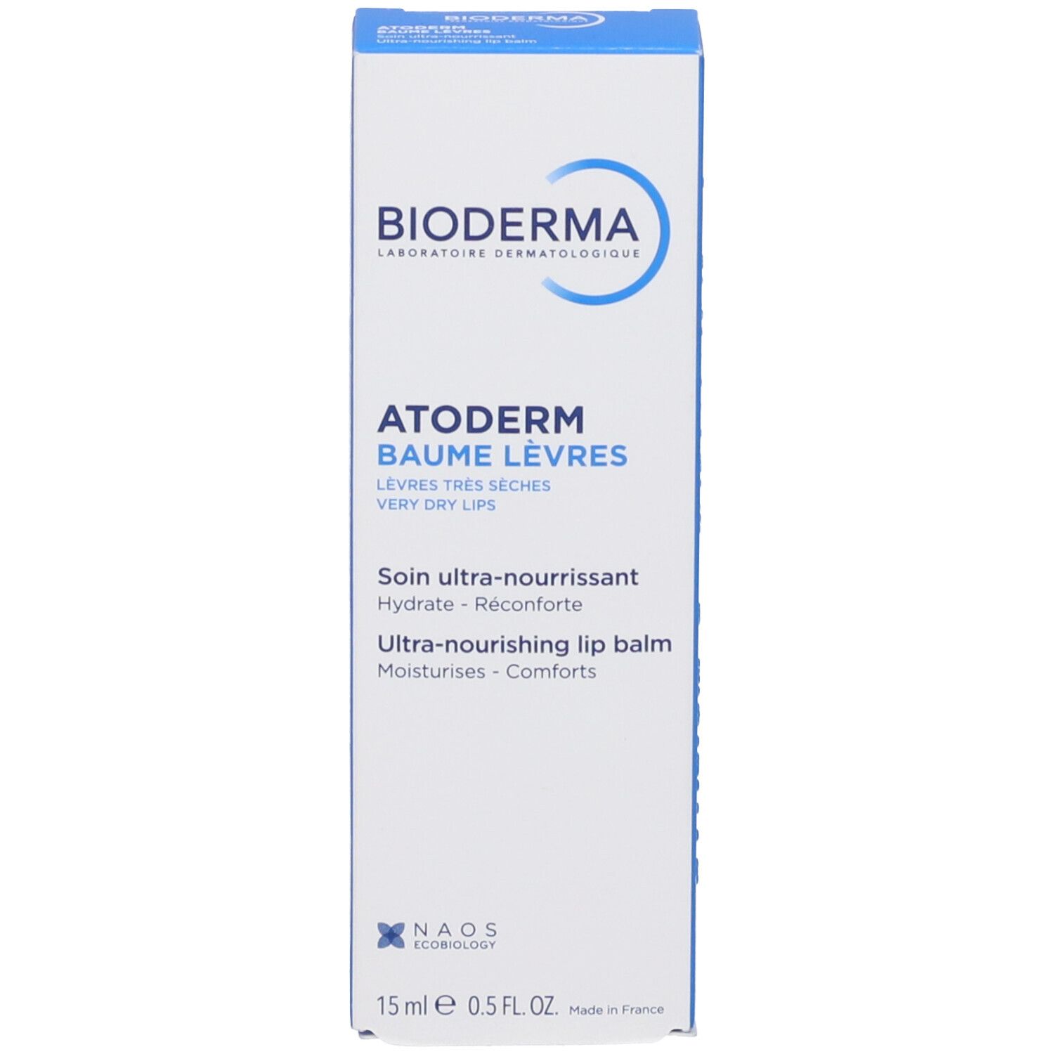 Confezione del prodotto: scatola. Scritta: Bioderma, Atoderm Baume Lèvres, balsamo labbra per labbra molto secche.