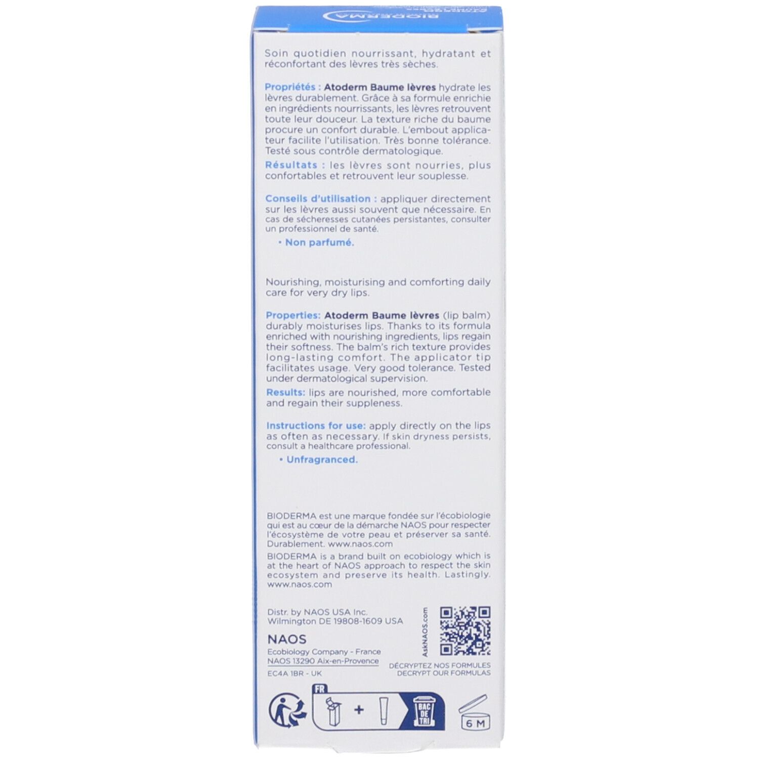 Retro della scatola. Testo multilingue: Consigli per l'uso, ingredienti, informazioni su Bioderma.