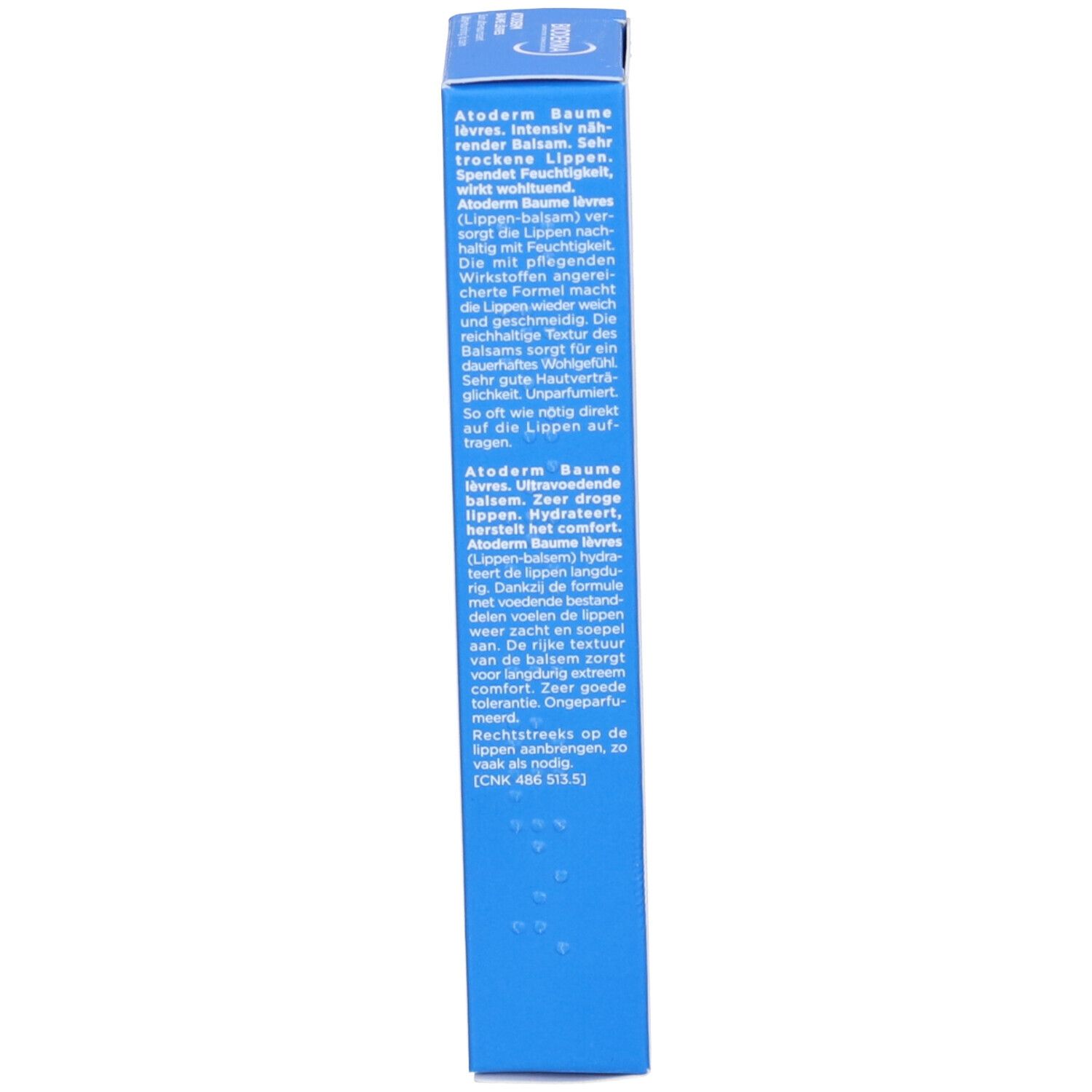Lato della scatola. Testo multilingue: Atoderm Baume Lèvres, consigli per l'uso, informazioni.