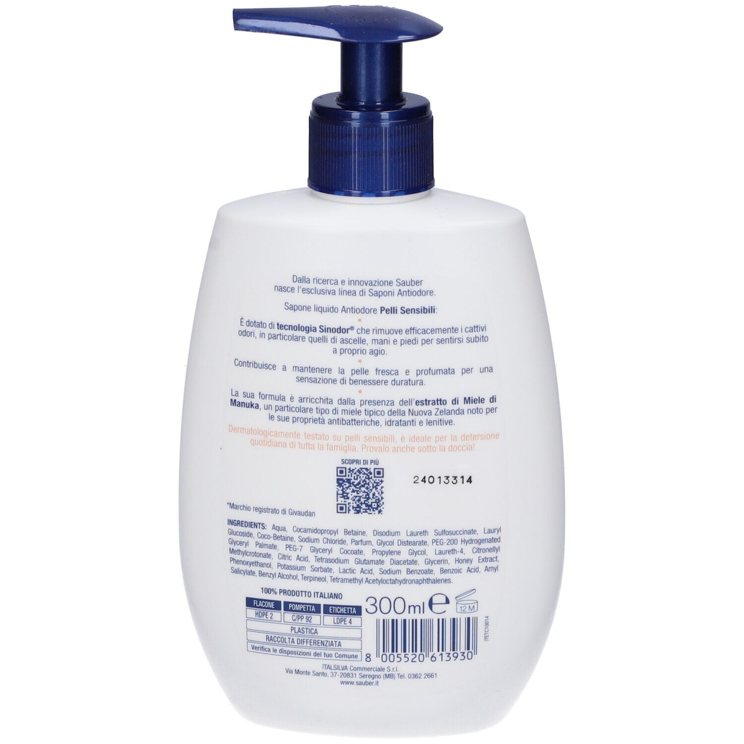 Retro del flacone bianco con dosatore blu. Testo: SAUBER, SAPONE ANTIODORE, per pelli sensibili. Codice QR e ingredienti.