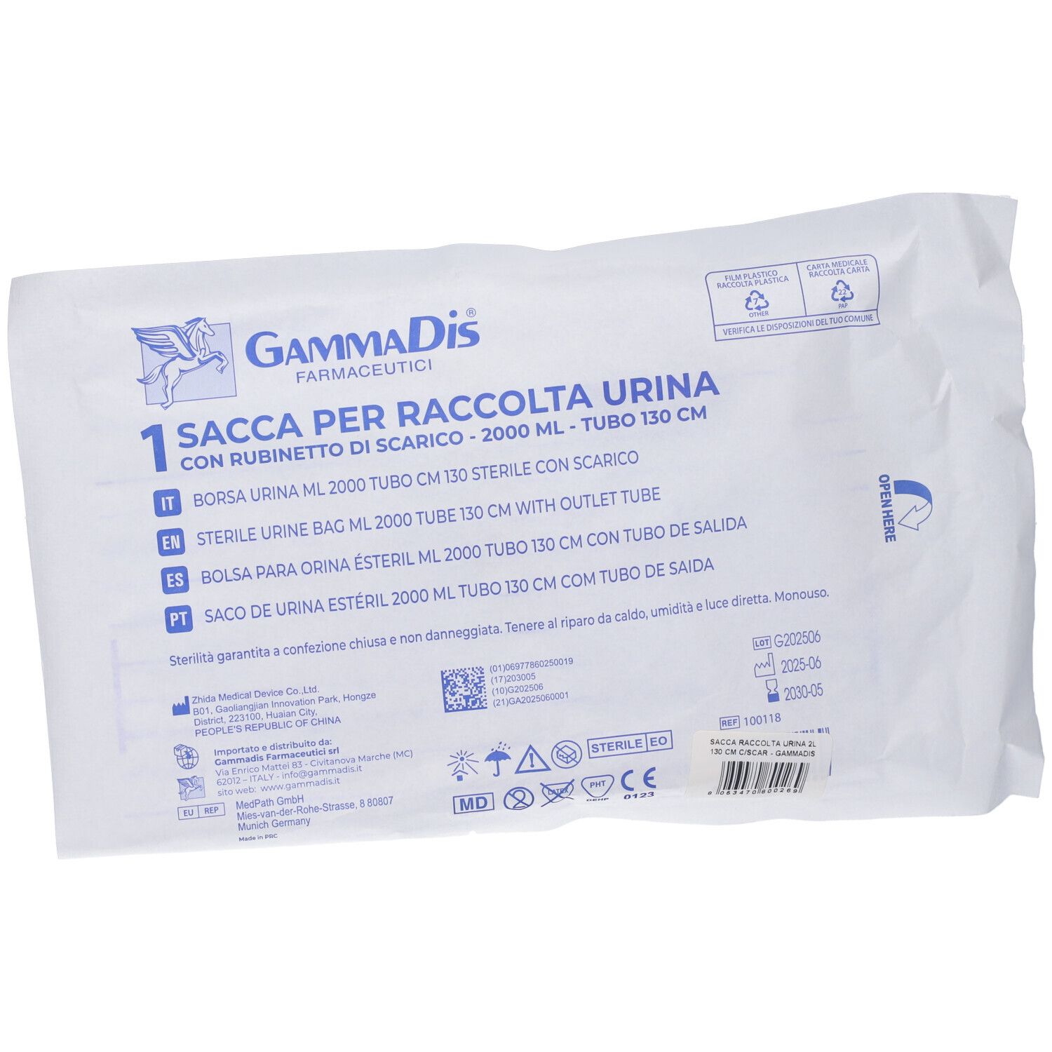 Confezione con informazioni sul prodotto e logo. Contiene sacca per urina sterile con rubinetto.