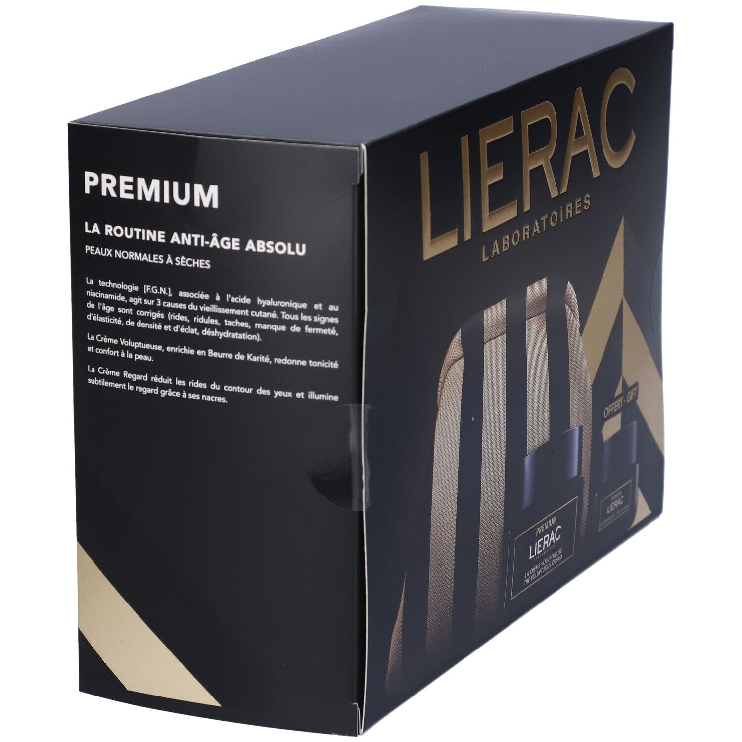 Scatola regalo nera con testo. Contiene un beauty case e due vasetti. Scritta: Premium, Lierac. Testo sull'anti-età.