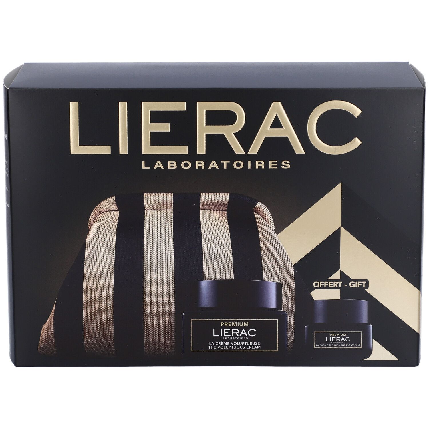 Scatola regalo nera con scritta dorata Lierac. Contiene un beauty case e due vasetti. Scritta: Premium.