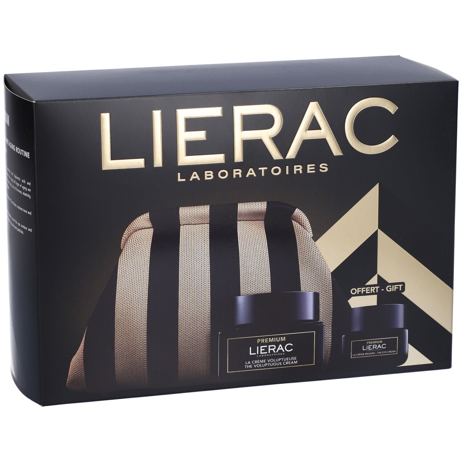 Scatola regalo nera con scritta dorata Lierac. Contiene un beauty case e due vasetti. Scritta: Premium.