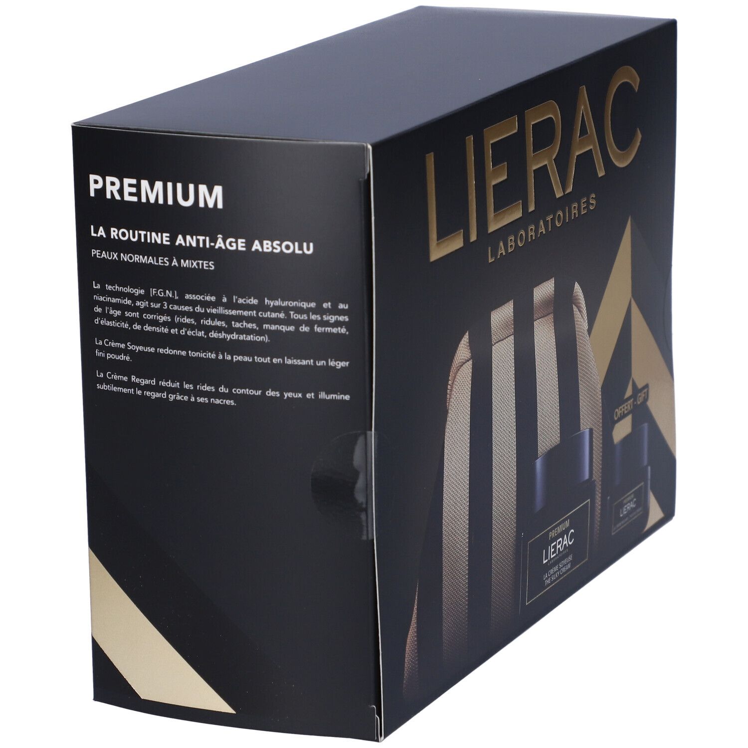 Confezione regalo nera LIERAC. Testo: PREMIUM, LA ROUTINE ANTI-AGE ABSOLU, PEAUX NORMALES À MIXTES. Contiene due vasetti.