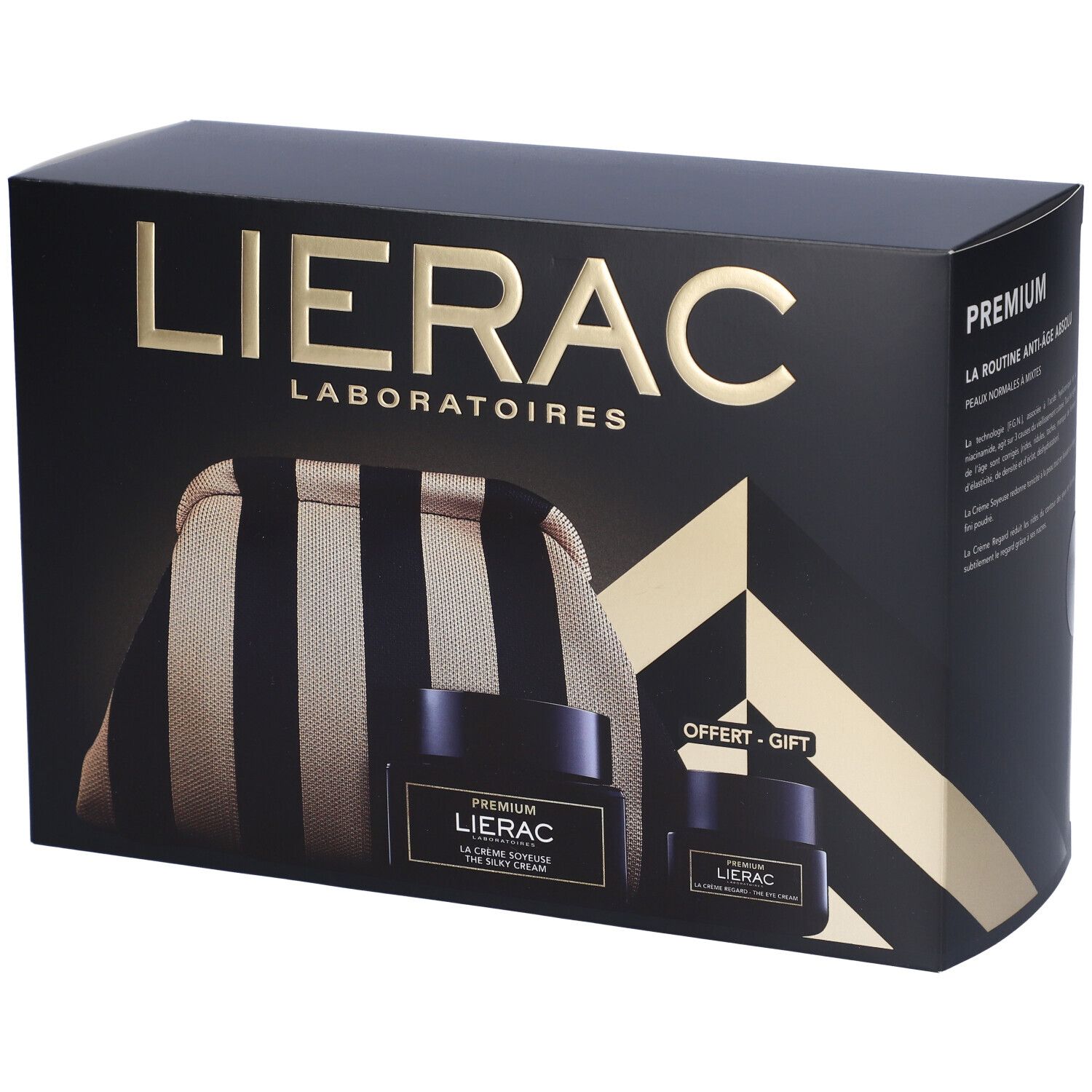Confezione regalo nera LIERAC. Contiene trousse e due vasetti. Scritta: PREMIUM, LA CREME SOYEUSE THE SILKY CREAM. Offerta-Regalo.
