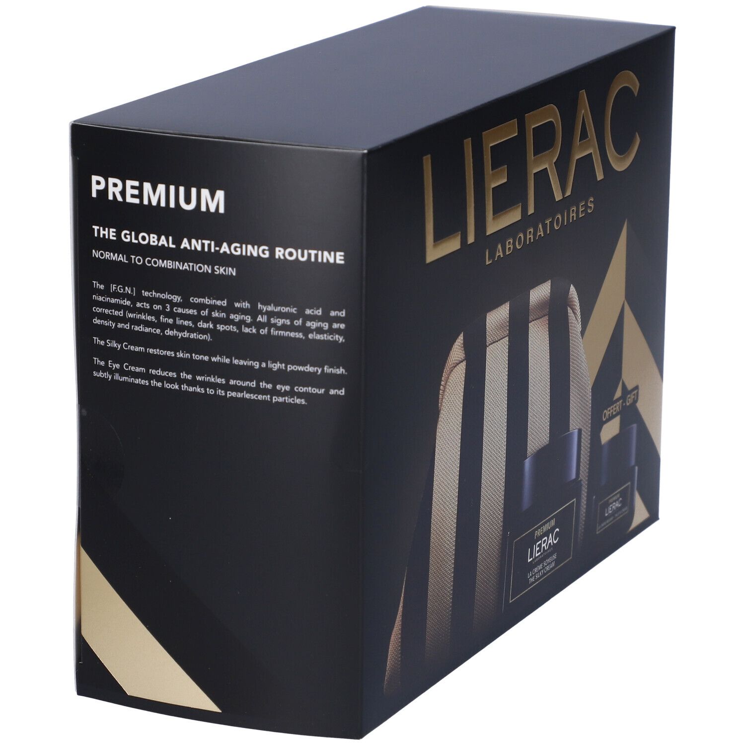 Confezione regalo nera LIERAC. Testo: PREMIUM, THE GLOBAL ANTI-AGING ROUTINE, NORMAL TO COMBINATION SKIN. Contiene due vasetti.