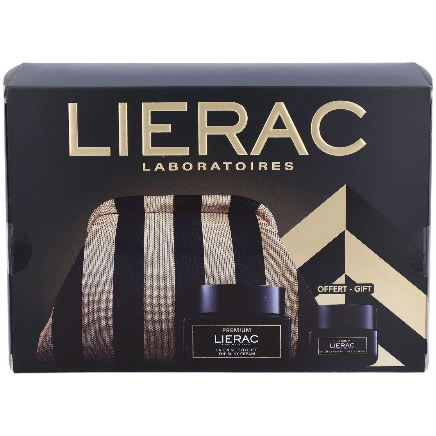 Confezione regalo nera LIERAC. Contiene trousse e due vasetti. Scritta: PREMIUM, LA CREME SOYEUSE THE SILKY CREAM. Offerta-Regalo.