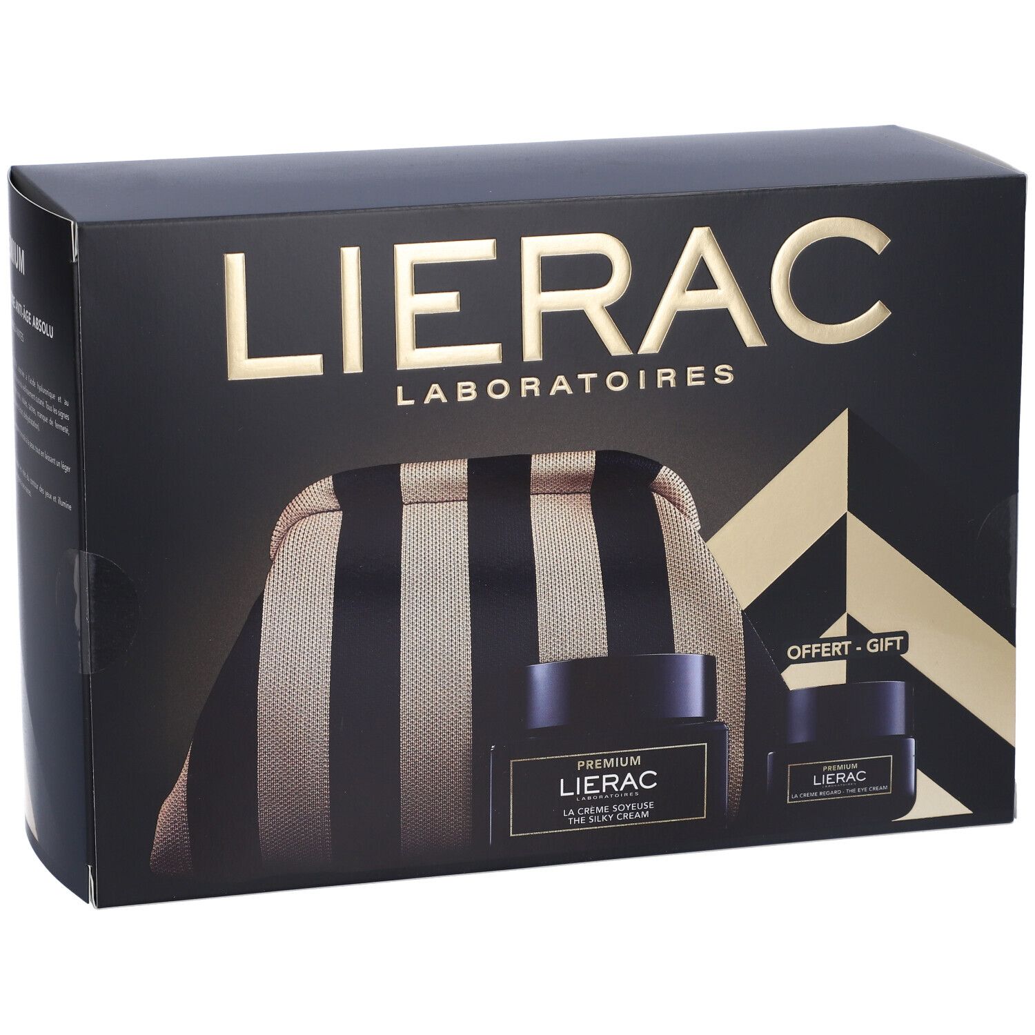 Confezione regalo nera LIERAC. Contiene trousse e due vasetti. Scritta: PREMIUM, LA CREME SOYEUSE THE SILKY CREAM. Offerta-Regalo.
