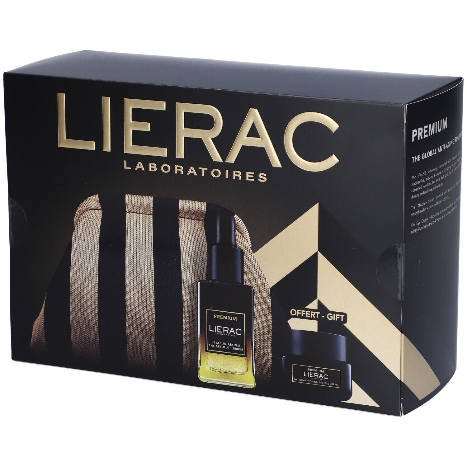 Confezione regalo nera Lierac con scritte dorate. Include trousse, flacone siero e vasetto crema. 'Offert-Gift' visibile.
