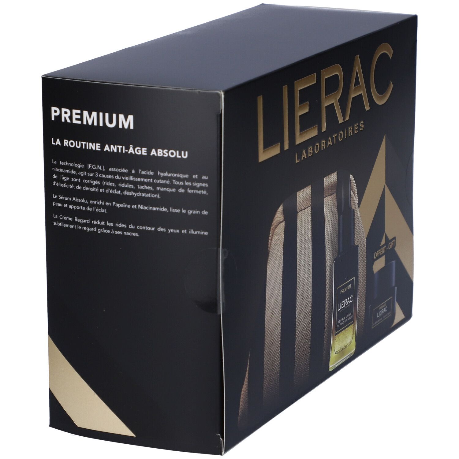 Confezione regalo nera Lierac con testo dorato. Testo sulla routine anti-età. Include trousse, flacone siero e vasetto crema.