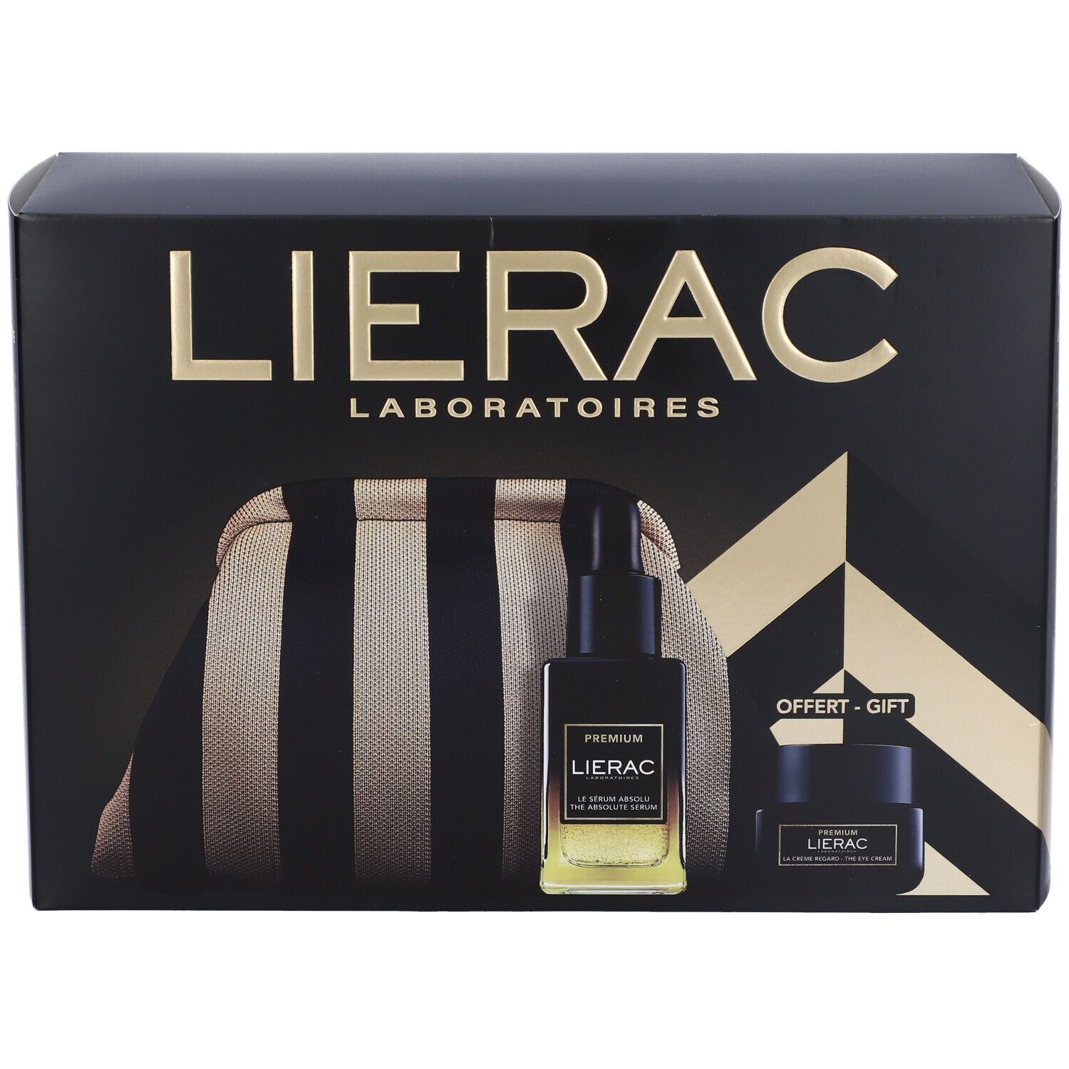 Confezione regalo nera Lierac con scritte dorate. Include trousse, flacone siero e vasetto crema. 'Offert-Gift' visibile.