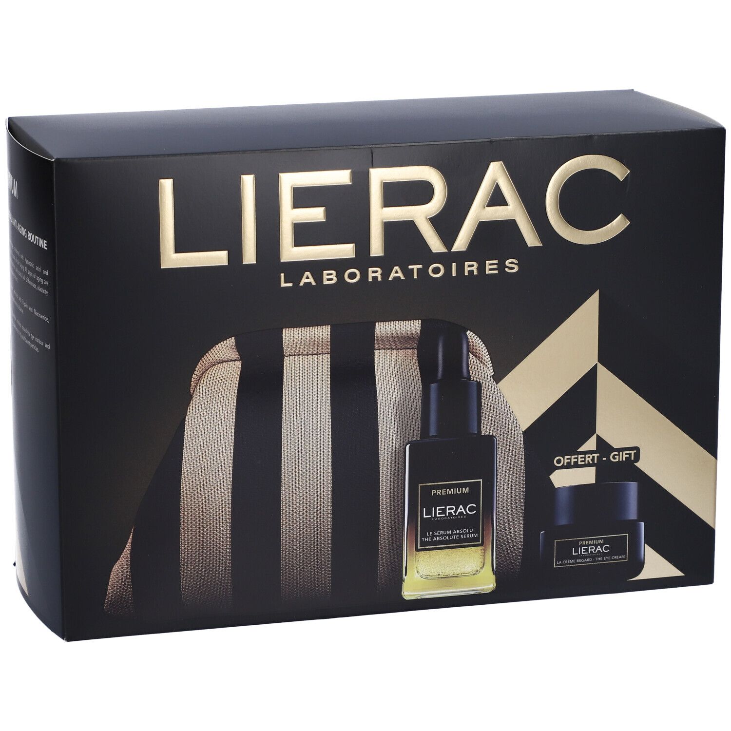 Confezione regalo nera Lierac con scritte dorate. Include trousse, flacone siero e vasetto crema. 'Offert-Gift' visibile.