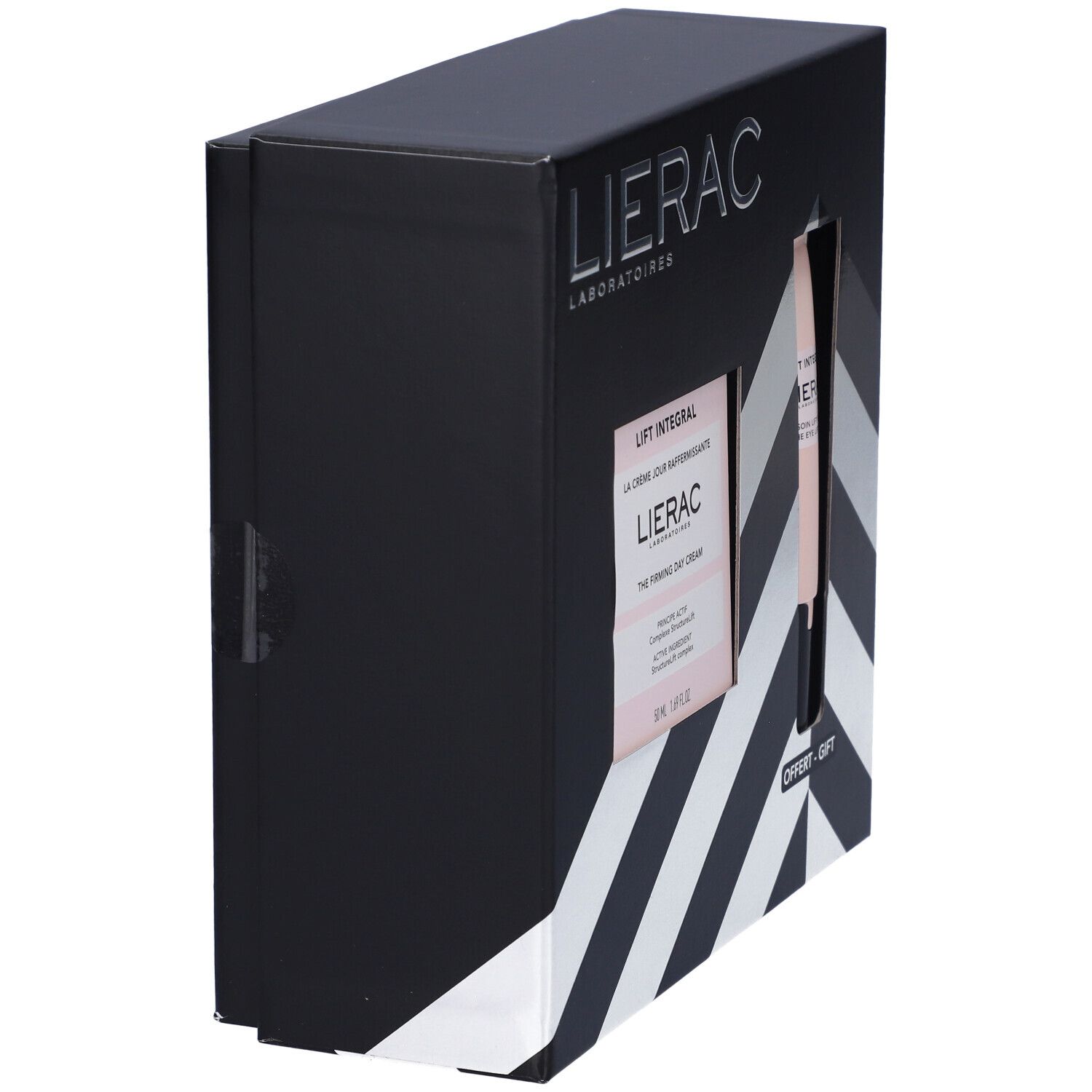 Scatola regalo nera Lierac. Vista laterale con motivo diagonale bianco e informazioni sul prodotto.