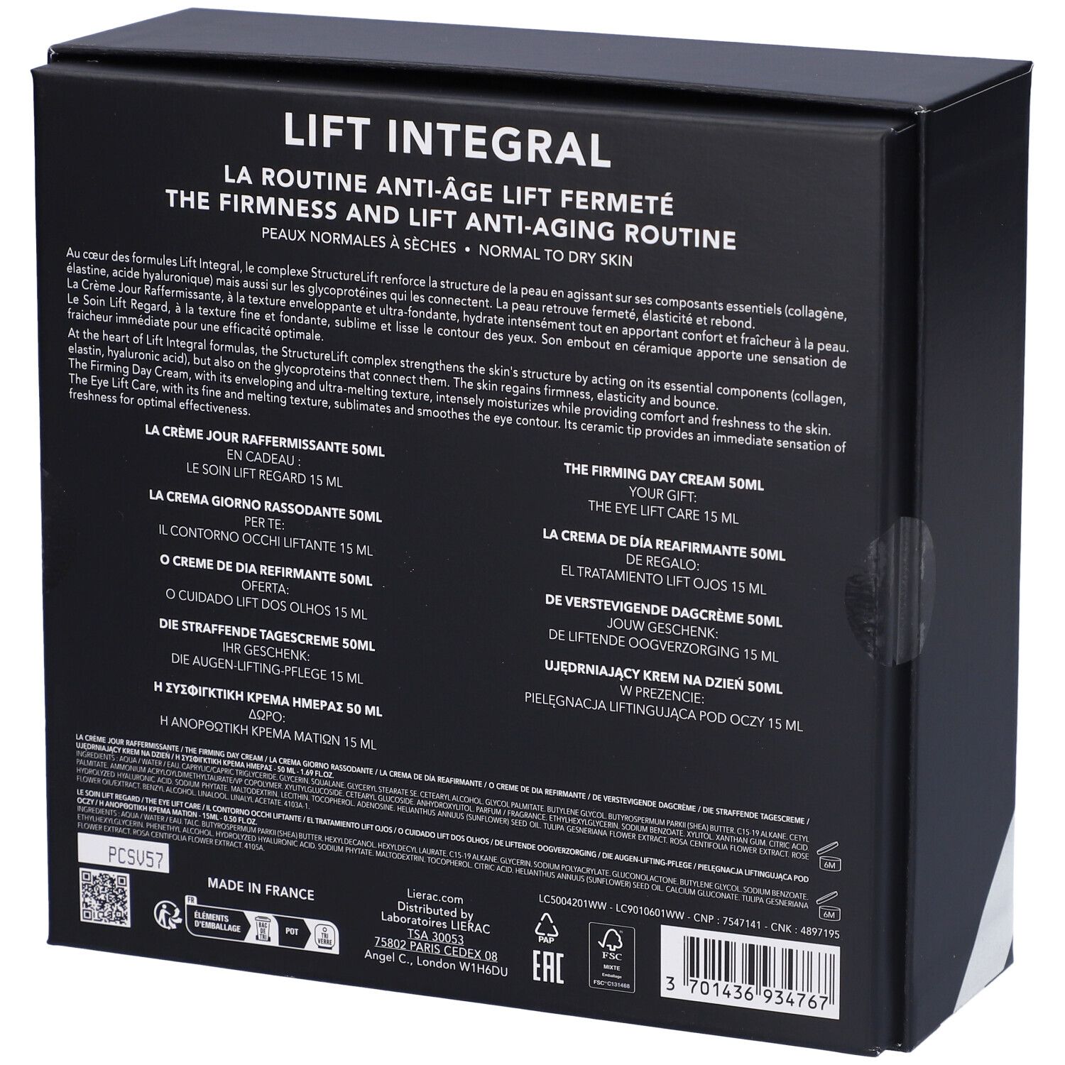 Retro della confezione regalo nera. Testo con informazioni sul prodotto e ingredienti. Contiene loghi e certificazioni.