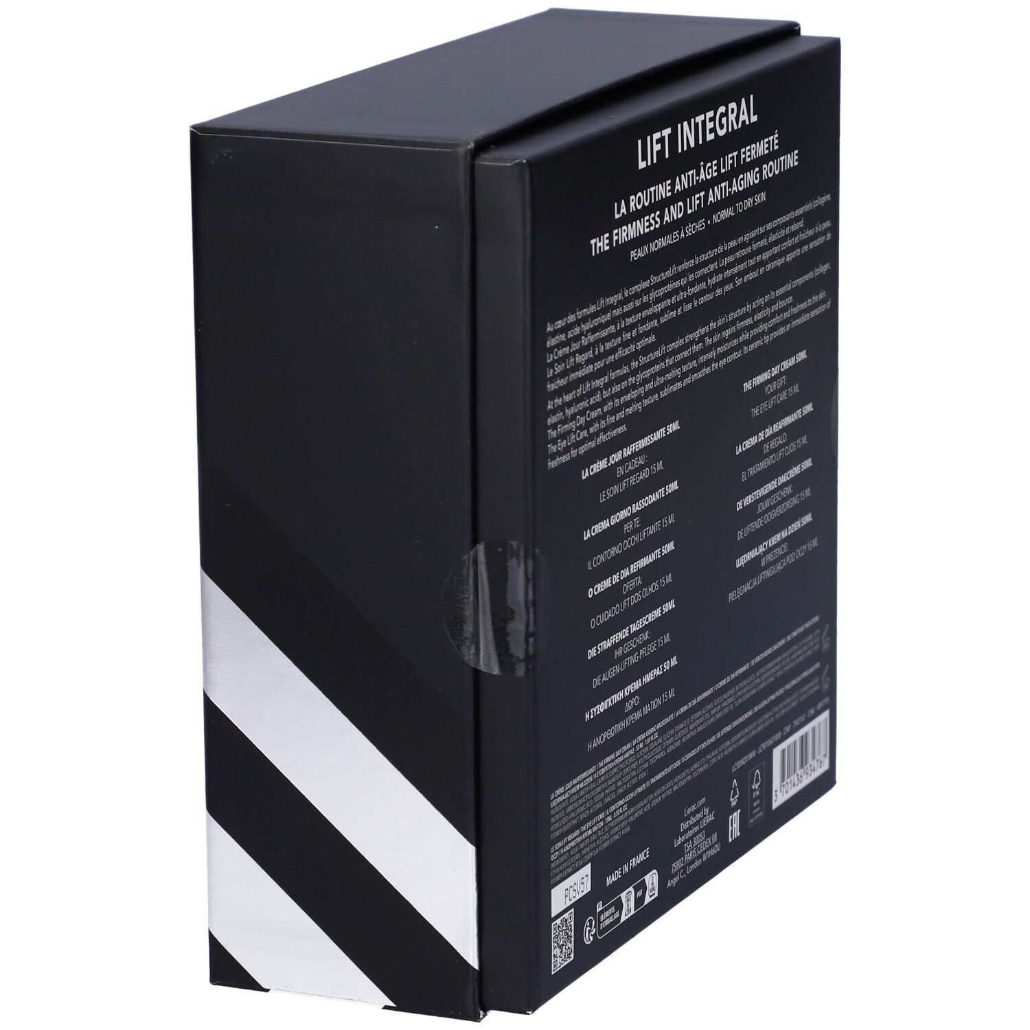 Vista laterale della confezione regalo nera. Testo con informazioni sul prodotto. Contiene un motivo diagonale bianco.