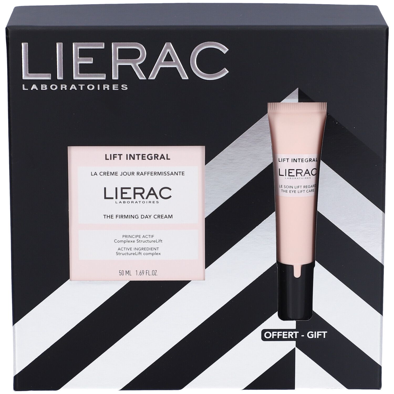 Set regalo Lierac. Contiene crema giorno e contorno occhi in una scatola nera con motivo a strisce bianche.