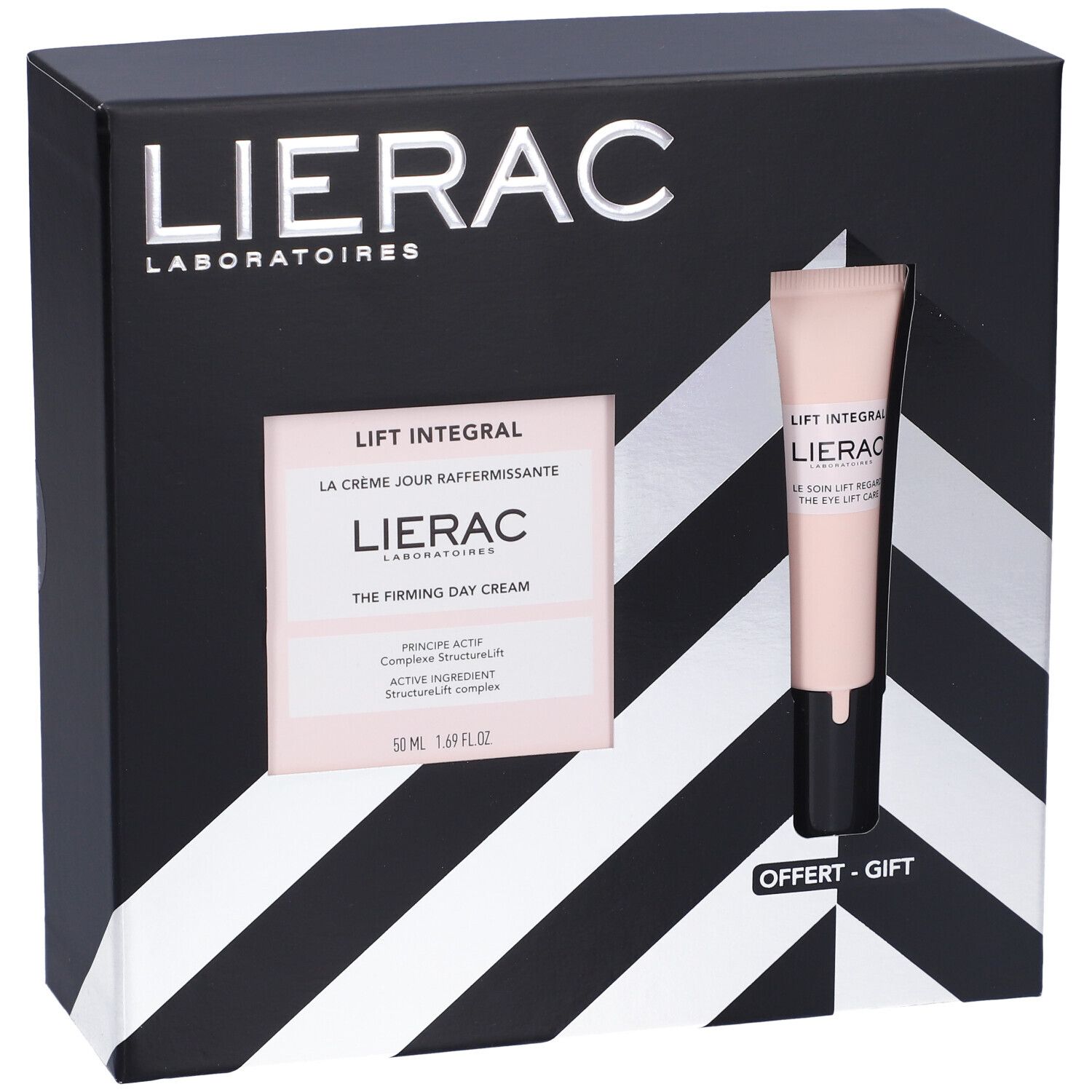 Set regalo Lierac. Contiene crema giorno e contorno occhi in una scatola nera con motivo a strisce bianche.