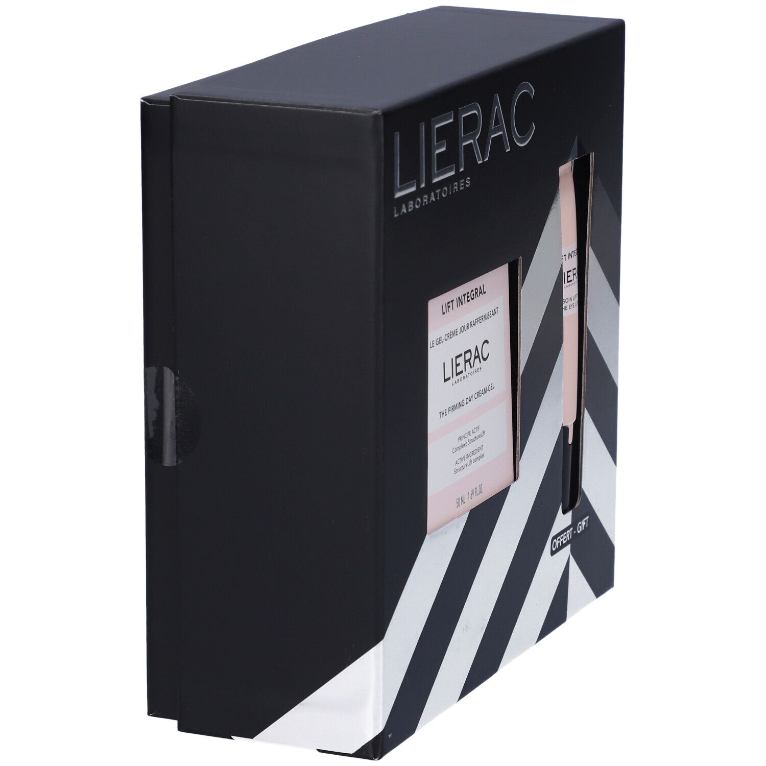 Confezione regalo nera e bianca, vista laterale. Marchio Lierac e nome del prodotto Lift Integral visibili. Sigillo.