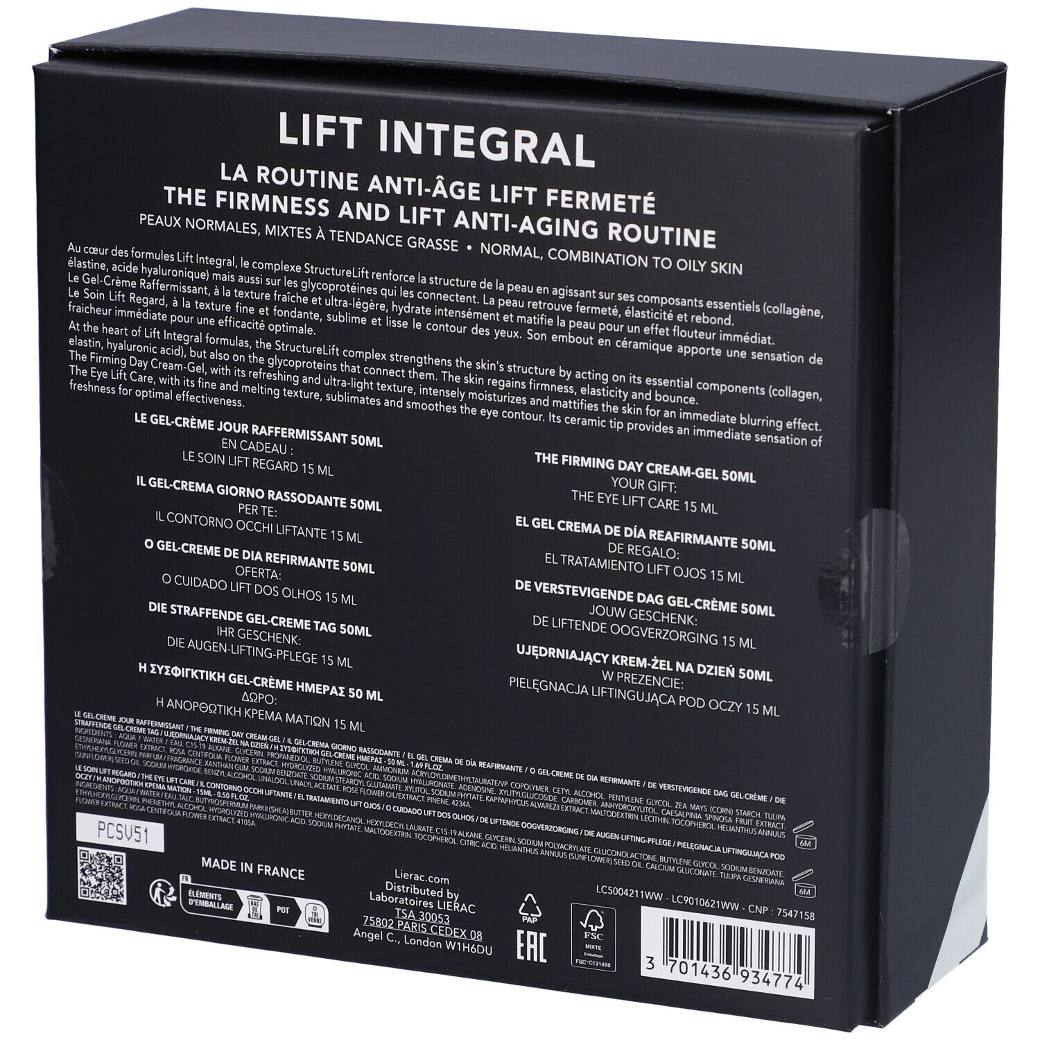 Retro della confezione regalo. Testo multilingue. Nome del prodotto Lift Integral e marchio Lierac visibili. Informazioni.