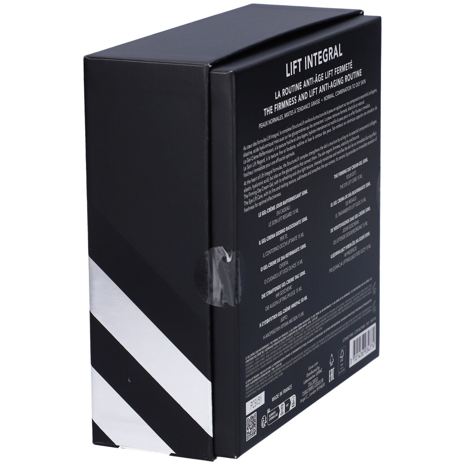 Vista laterale della confezione regalo. Testo e informazioni sul prodotto. Nome Lift Integral e marchio Lierac visibili.